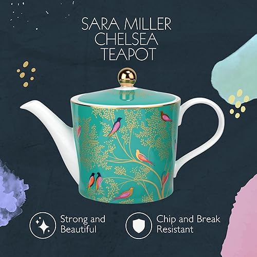 Miniatura 3 de Portmeirion Sara Miller Chelsea - Tetera de porcelana fina, diseño floral de 2 pintas con detalles dorados, elegante té de la tarde esencial con