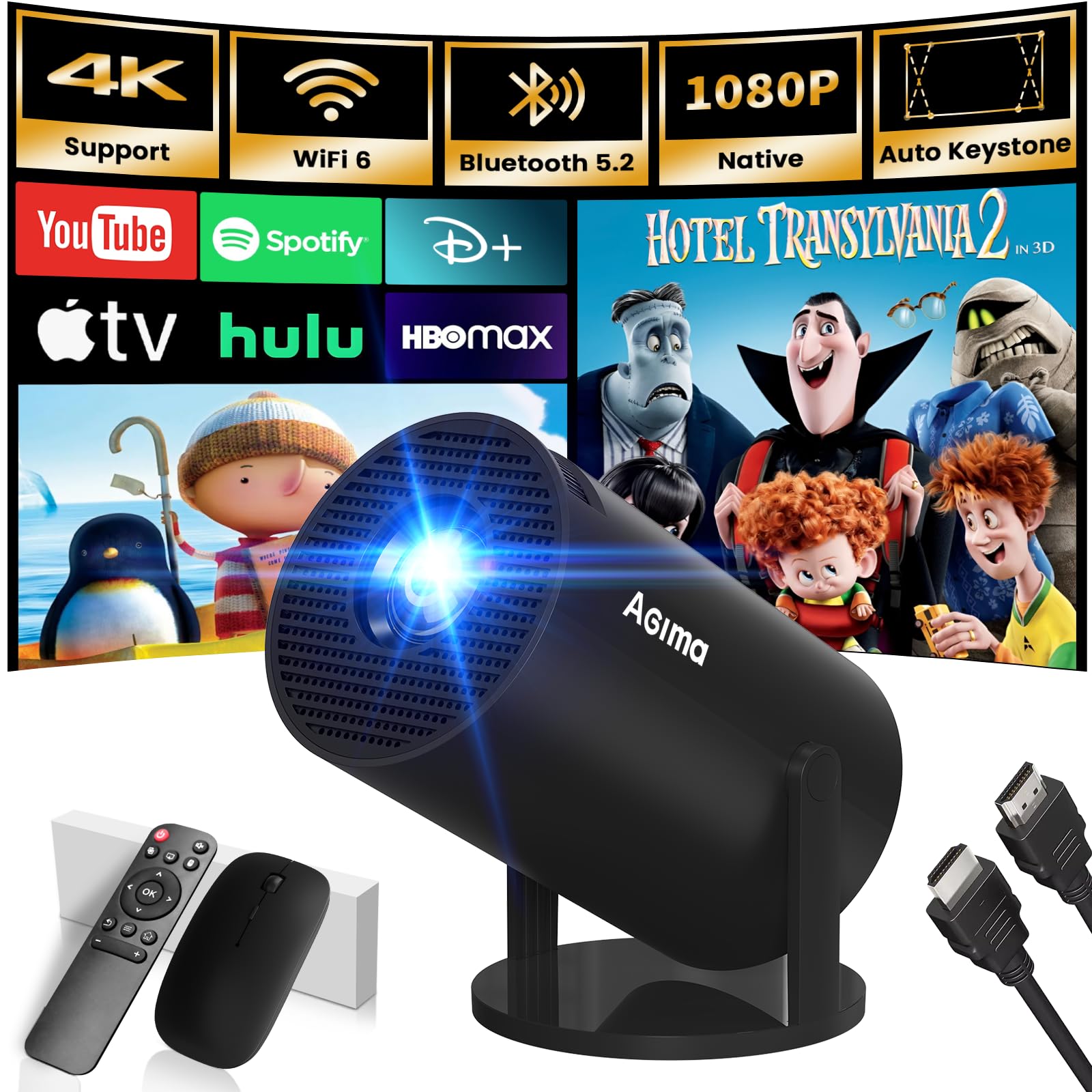 Mini Beamer, 1080P 4K Support 180°Dreh Tragbarer Streaming-Projektor, Klein Videoprojektor Unterstützt 2.4/5G Dual WiFi und Bluetooth 5.0, mit Android und IOS Smart Beamer Doppelsteuerung mit Maus