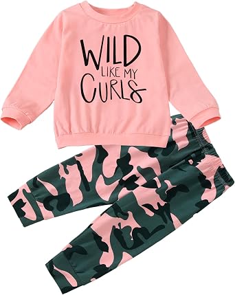 BOUTIKOME Toddler Baby Girl Clothes Set Camouflage Pants Set Kid Sweatshirt Pullover Tops Fall Outfit Winter Sweatsuit
