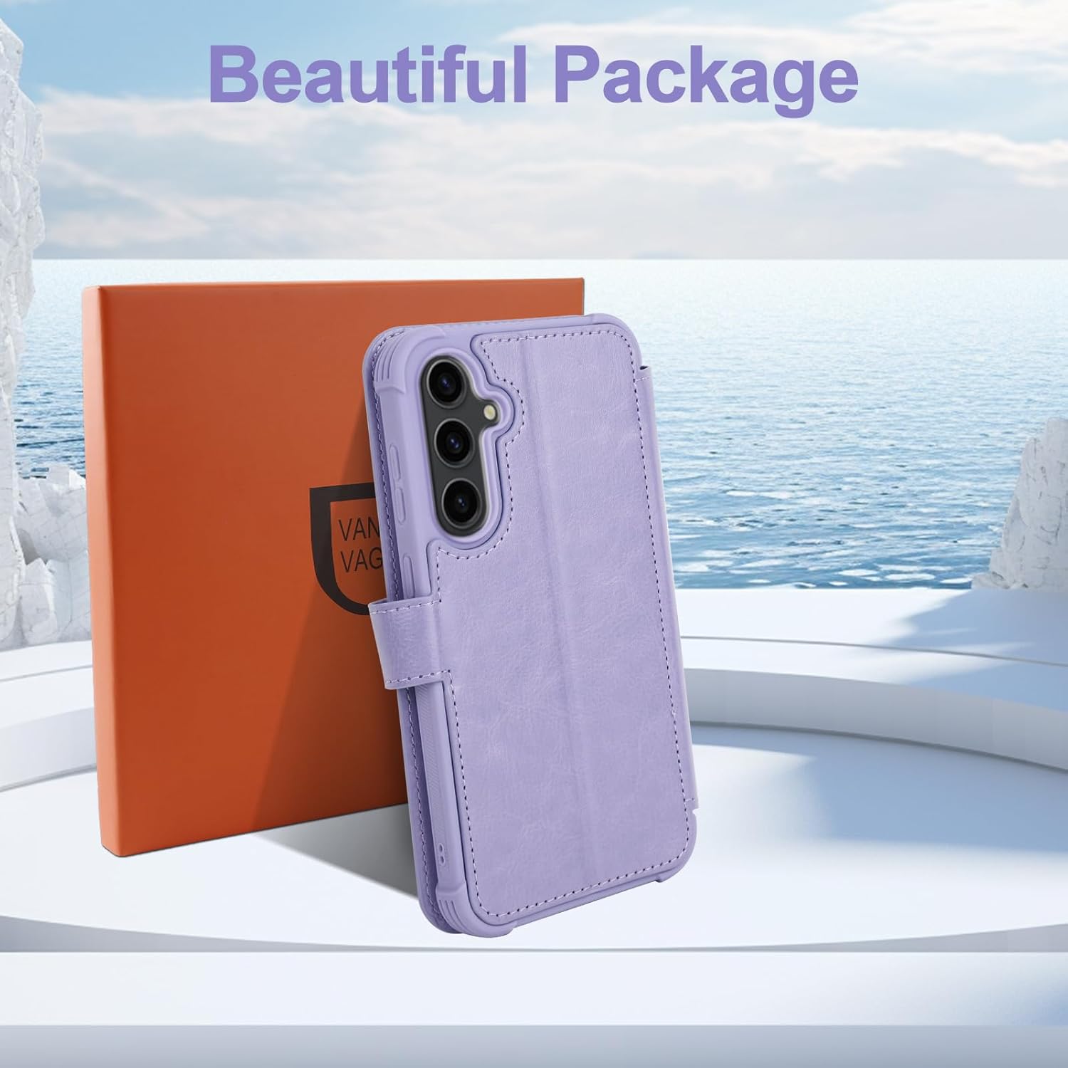 VANAVAGY Wallet Case Compatible for Galaxy S23 FE for Women Men,RFID Flip Leather Cover with Wrist Supports Wireless Charging with Card Holder and Glass Screen Protector,Clove Purple