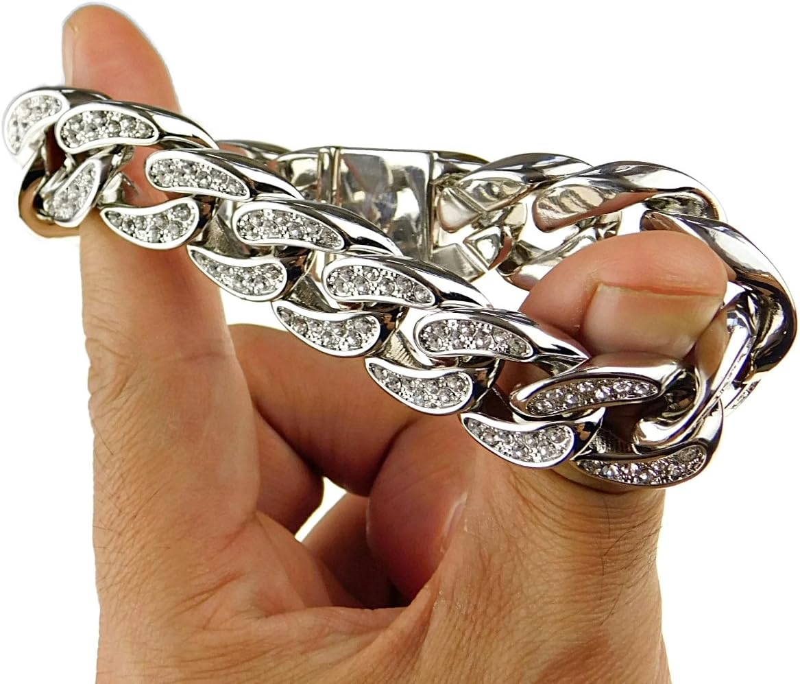 Mens Hip Hop Bracelet Iced Bling Silver Tone Cuban Link 8.5" Inch x 18 MM Wide