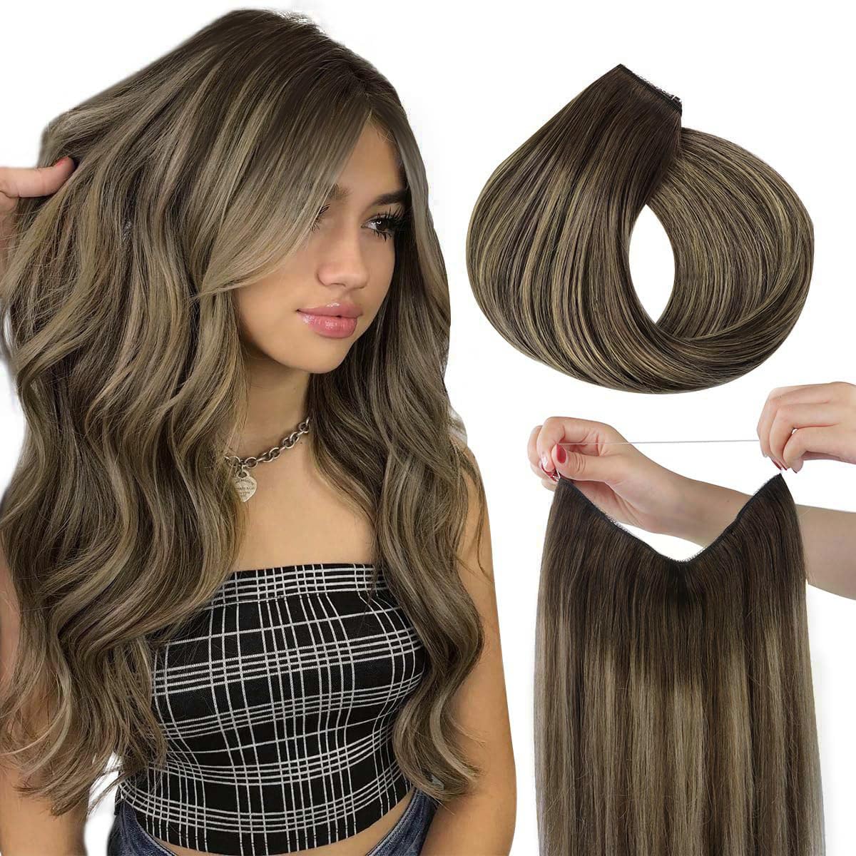 HOTBANANA Wire Hair Extensions, 20 inch 110g Chocolate Brown with Honey Blonde Invisible Fish Line Real Human Hair Extensions Straight