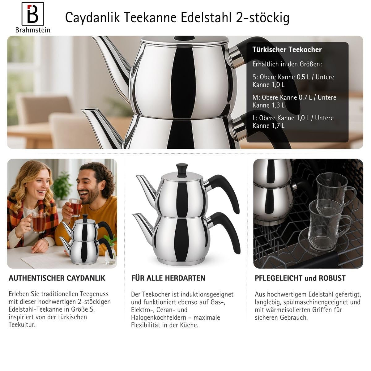 Caydanlik Teekanne Edelstahl 2-stöckig – Türkischer Teekocher induktionsgeeignet – mit Teegläsern oder nur Kanne Größe Kanne 1,5L, Farbe Glas-Set 12er