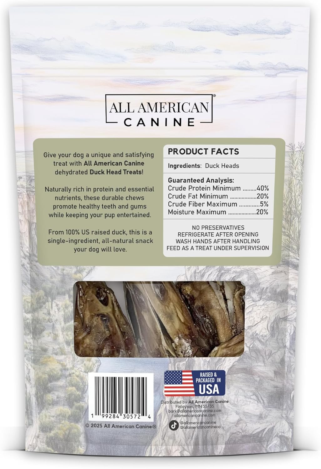 All American Canine 5 Natural Duck Head Dog Treats – Single Ingredient, Dehydrated & Digestible – Low-Fat, High-Protein Chew for Training & Dental Health – Made in USA