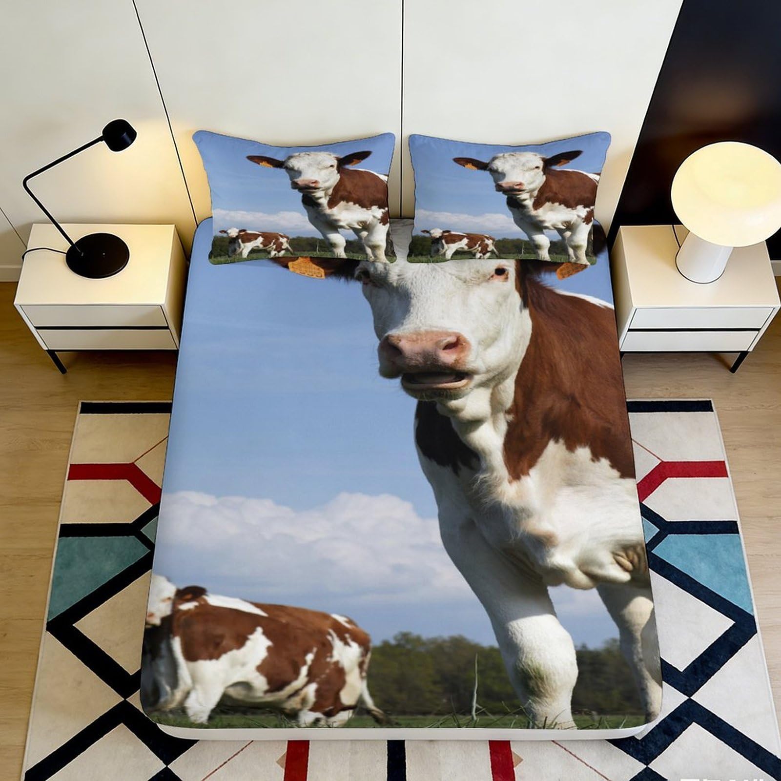 3D Printed Cow Pasture Fitted Sheet Microfiber Soft Brown White Cattle Bed Cover for Bedroom Dorm Mattress Decor 90x200x25cm