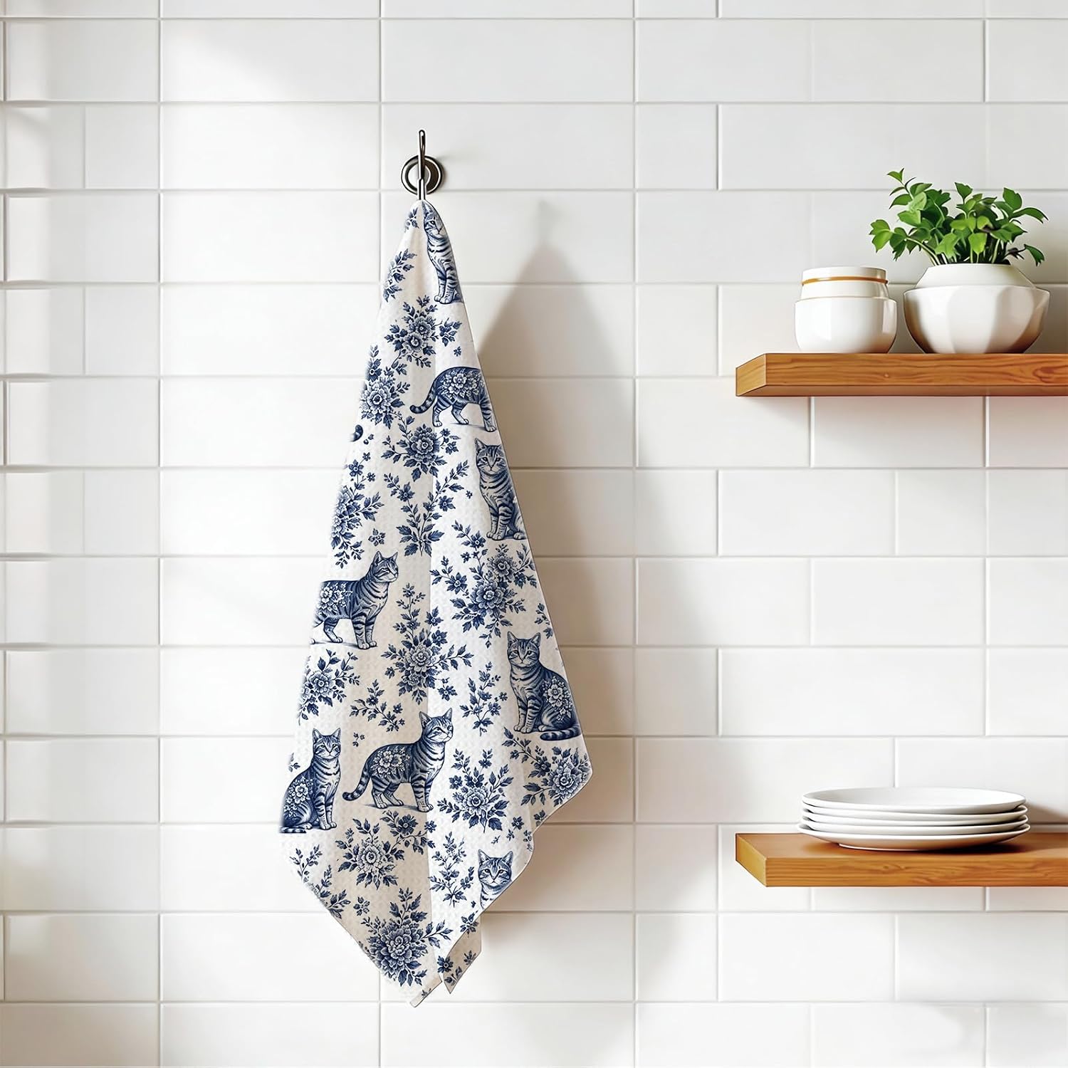Blue Floral Cat Kitchen Towels Set of 2 | Set of 2 16x24 in blue floral cat towels with vintage chinoiserie design for soft absorbent kitchen or bathroom decor.
