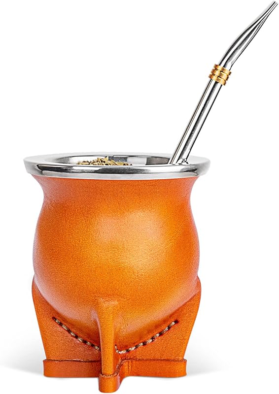 Taza Argentina Yerba Mate con revestimiento de cerámica, taza de calabaza para té con paja, una bombilla Mate, un cepillo de limpieza (marrón)