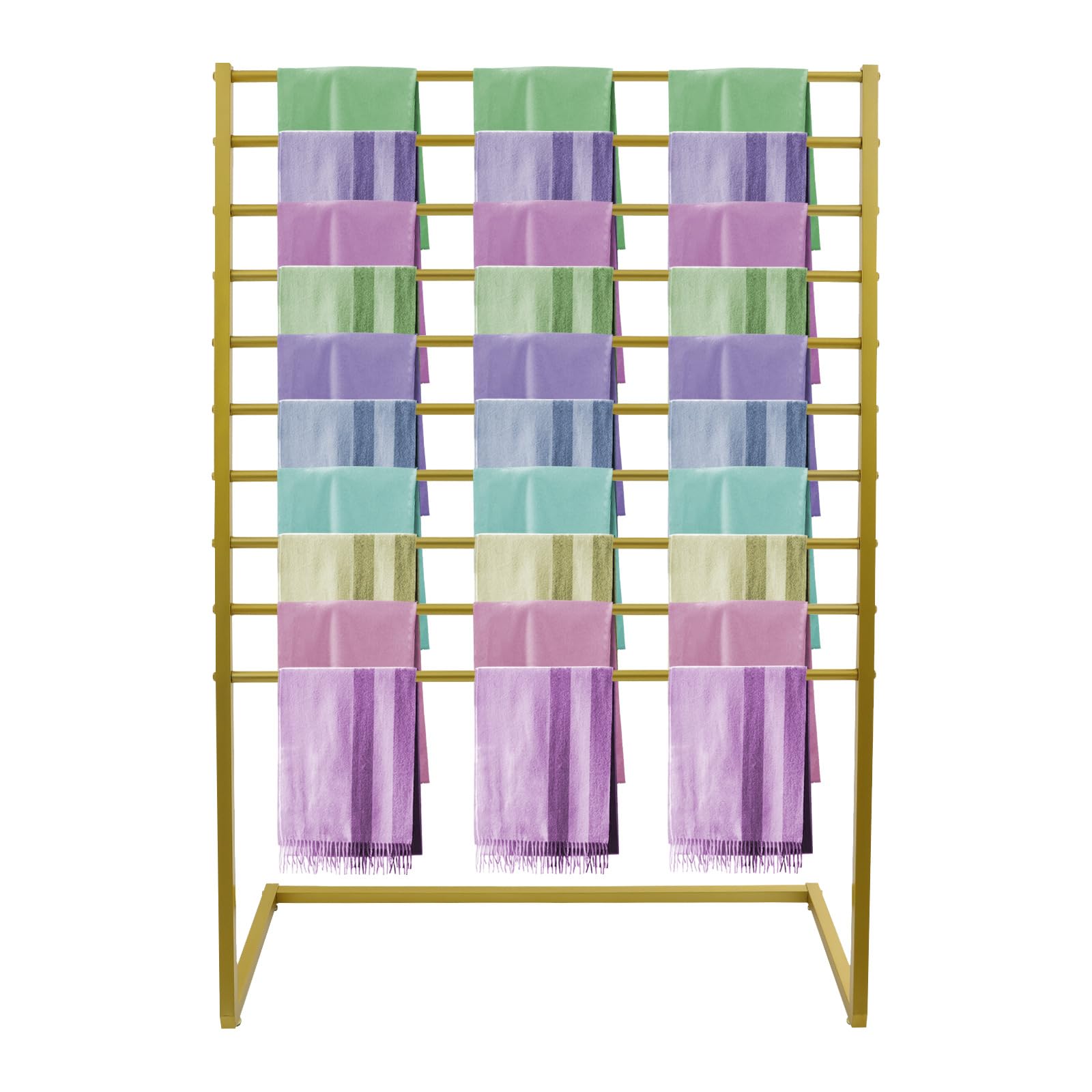 XUFOPLY Scarf Display Stand, 10 Tier Freestanding Scarf Rack Metal Scarf Holder Organizer Floor Standing Scarf Display Stand for Commercial Clothing Retail Store Sheets Suit Pants (Golden)