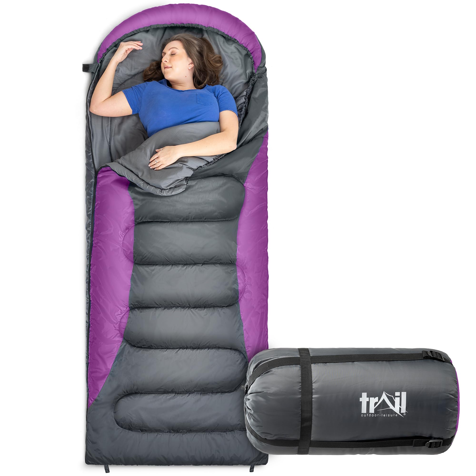 Trail Alpine 250 XL Sleeping Bag with Hood (L230cm x W100cm), Large Extra Wide Envelope Sleeping Bag, 2 to 3 Season Camping, Lightweight, Water Resistant, Polycotton Liner, Compression Bag (Purple)