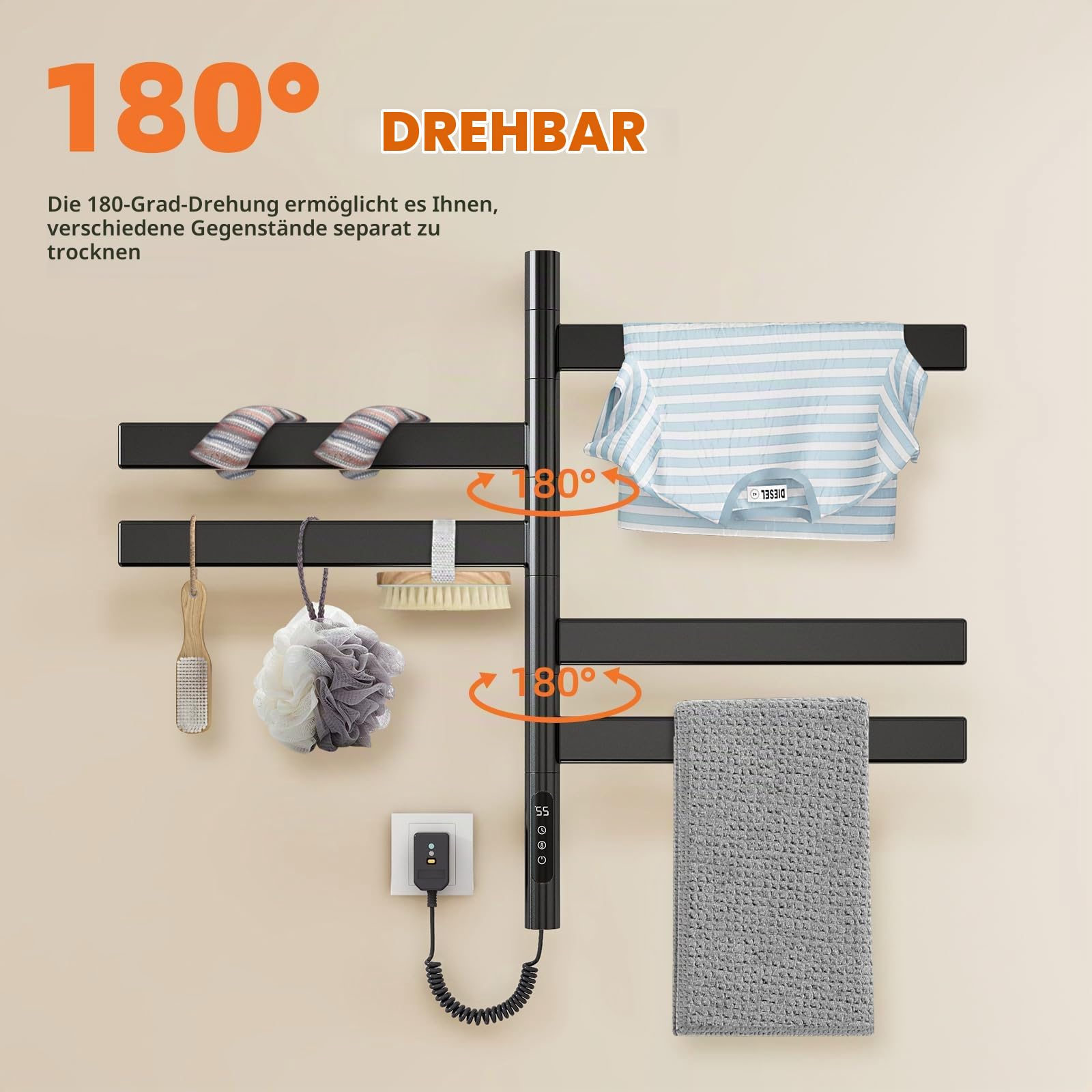 ZOYI 180-Grad-Drehung Handtuchhalter heizkörper, Handtuchtrockner elektrisch, Handtuchwärmer Elektrisch, elektrischer handtuchheizkörper, 220V, 150W (Schwarz)