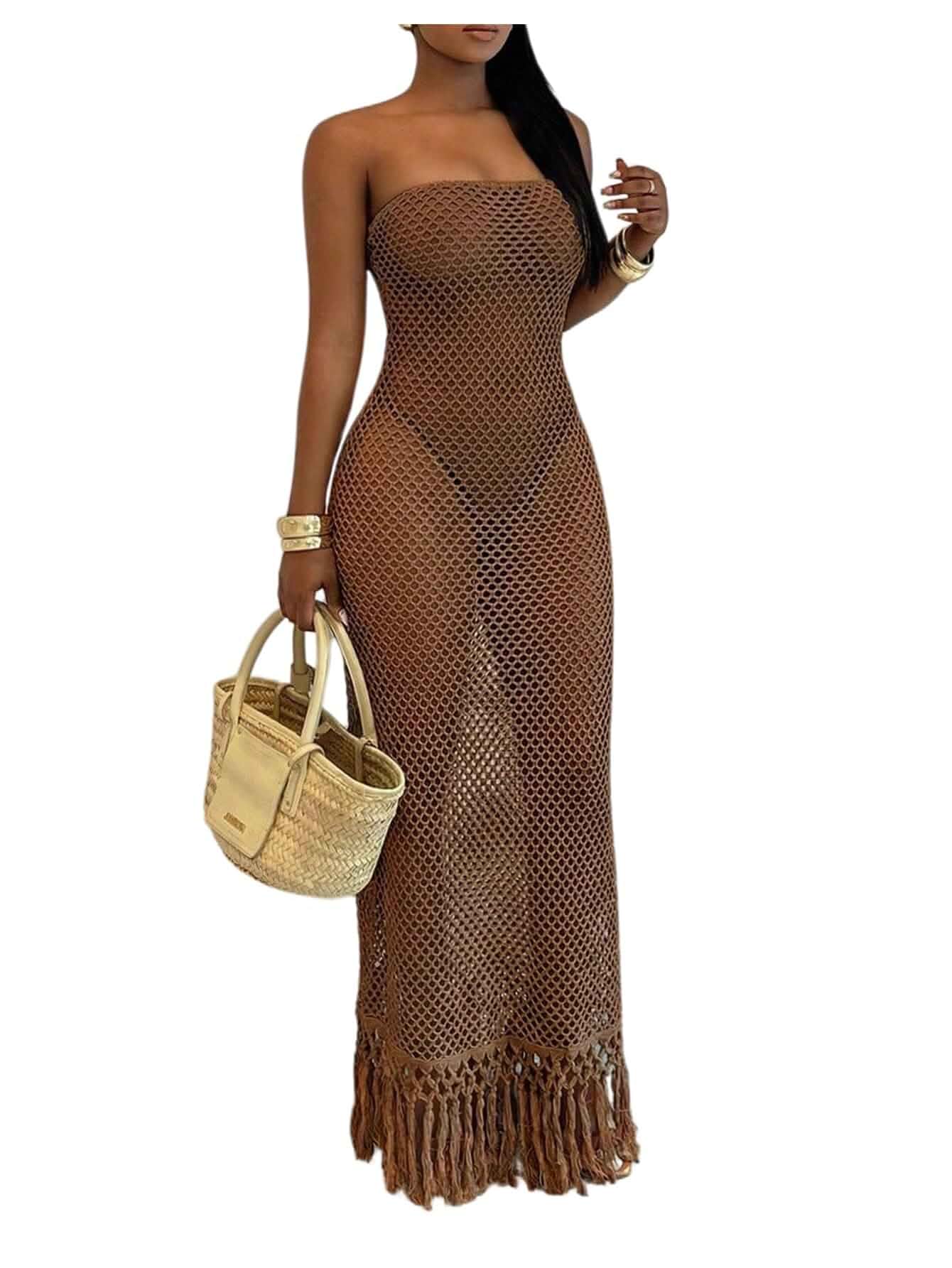 Floerns Women's Strapless Crochet Dress Tassel Trim Bodycon Beach Vacation Long Dresses Solid