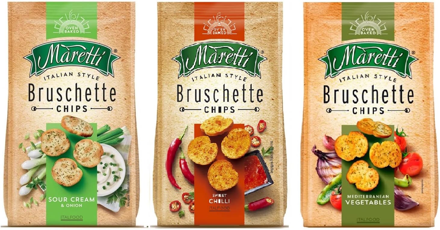 Maretti Oven Baked Bruschette Chips Variety Pack Sweet Chilli, Mediterranean Vegetables, Sour Cream & Onion, Each 70g Pack Of 3