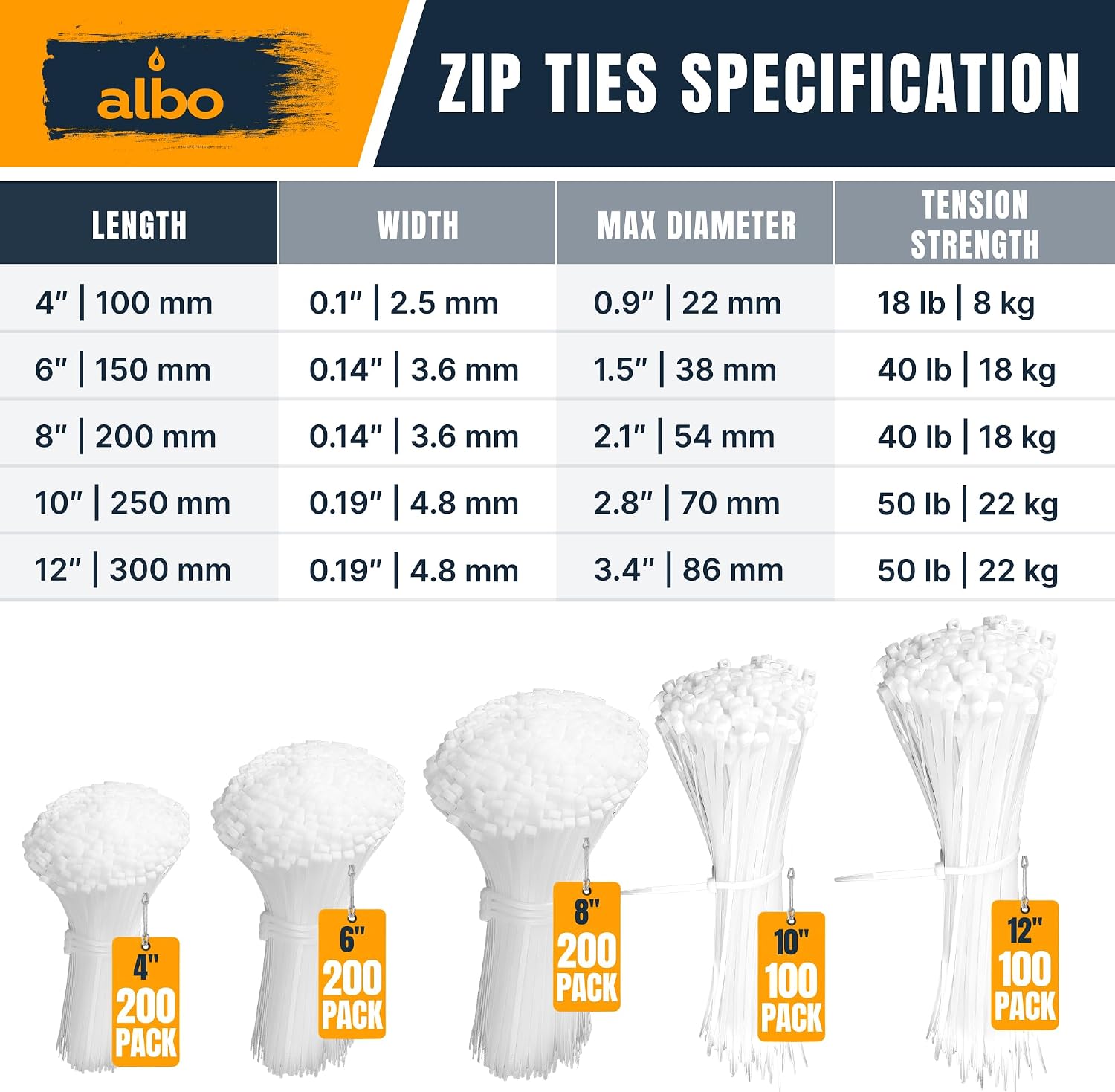 ALBO 800 Pcs. White Zip Ties Assorted Sizes, 4, 6, 8, 10, 12 Inch image 2