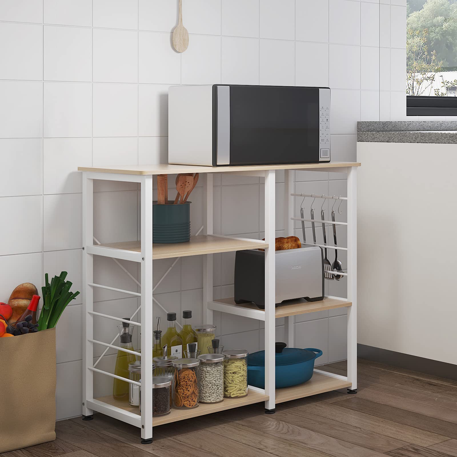 SogesPower Scaffale da Cucina per Microonde con Ganci a Forma di S, Scaffale Mobile Cucina a 3 Livelli per Utensili da Cucina e Spezie, 90 x 40 x 83 cm Acero