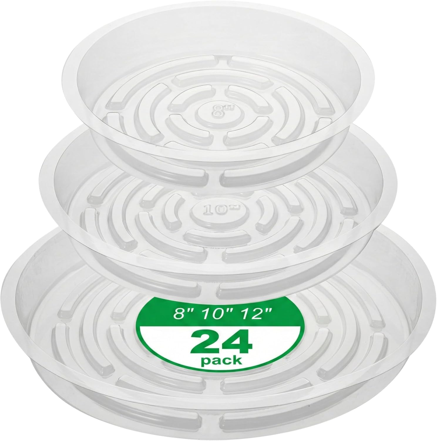 CATIFLIN 24 Pack Clear Plant Saucers - 8, 10, 12 Inch Plastic Plant Trays for Pots, Flower Pot Saucers, Indoor & Outdoor Planter Drip Tray for Water Drainage & Protection