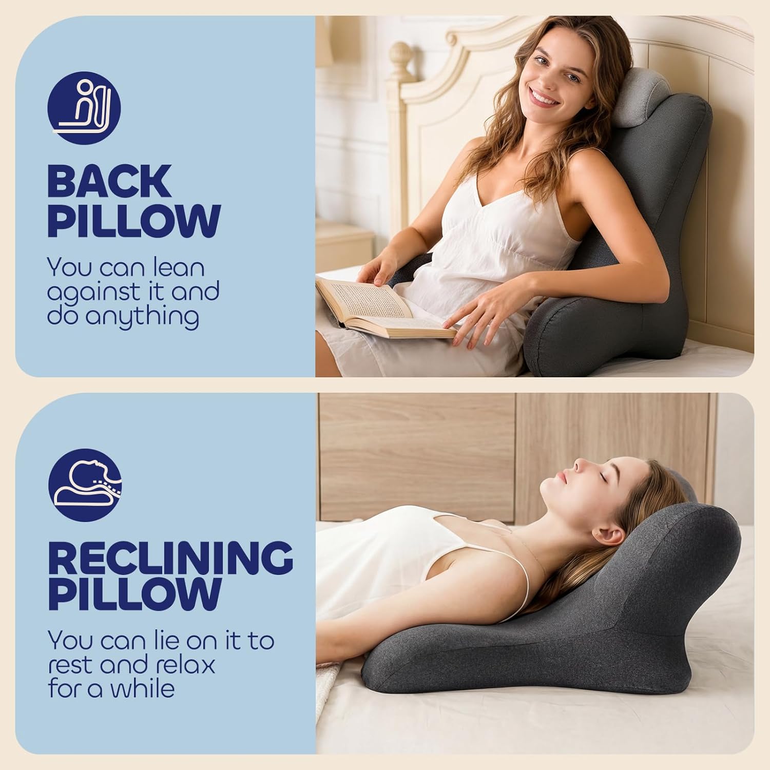 Reading Pillow for Floor & Bed Use - 22" Ergonomic Backrest with Built-in Neck Support and Contoured Arms, Memory Foam Sitting Pillow for Gaming, Reading, Nursing, Watching TV Pack