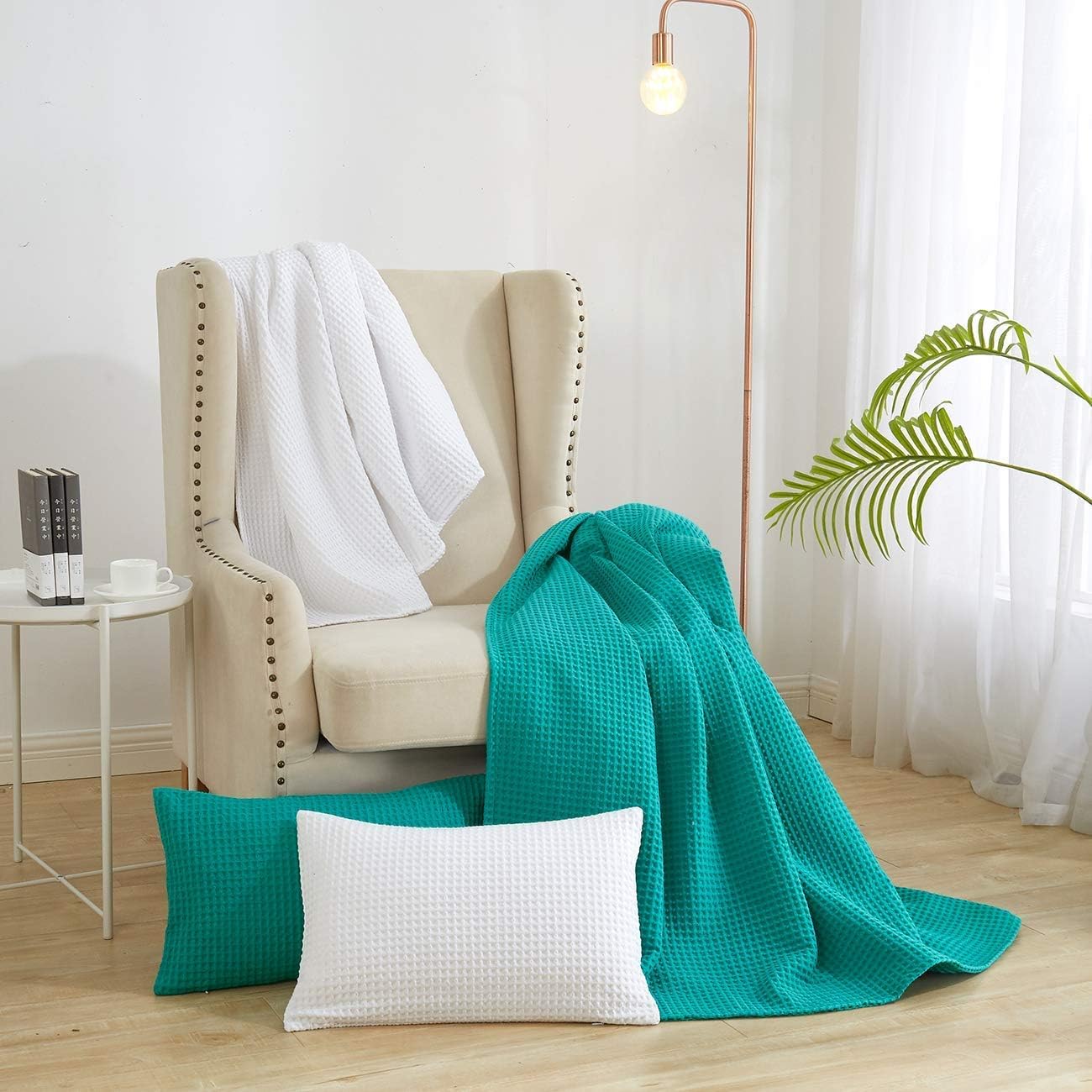 PHF 100% Cotton Waffle Weave Blanket Twin Size 66" x 90" - Pre-Washed Soft Lightweight Breathable Blanket for All Season - Perfect Blanket Layer for Couch Bed Sofa - Elegant Home Decoration - White : Home & Kitchen