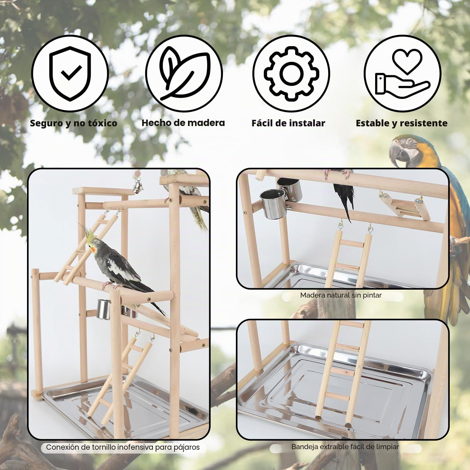 Parque de Juegos para Loros, 44*31*79CM, Parque de Juegos para Pájaros Gimnasio Aves Stand Área Juego, Percha para Loros de Madera, con Columpio Escalera Bandeja, para Pájaros Trepador, F539