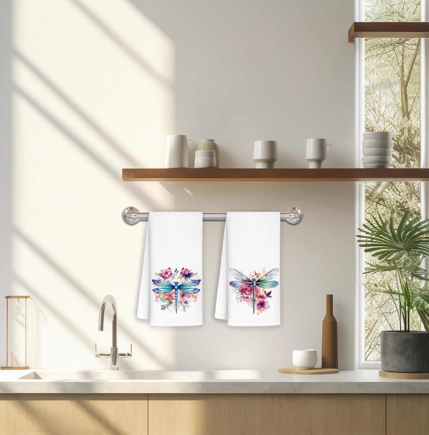Watercolor Dragonfly Kitchen Towels, Rustic Floral Botanical Insect Hand Towels for Bathroom, Dragonfly Gifts for Women Decorative Dish Tea Towel, 16x24 Inch Set of 2 - Image 4