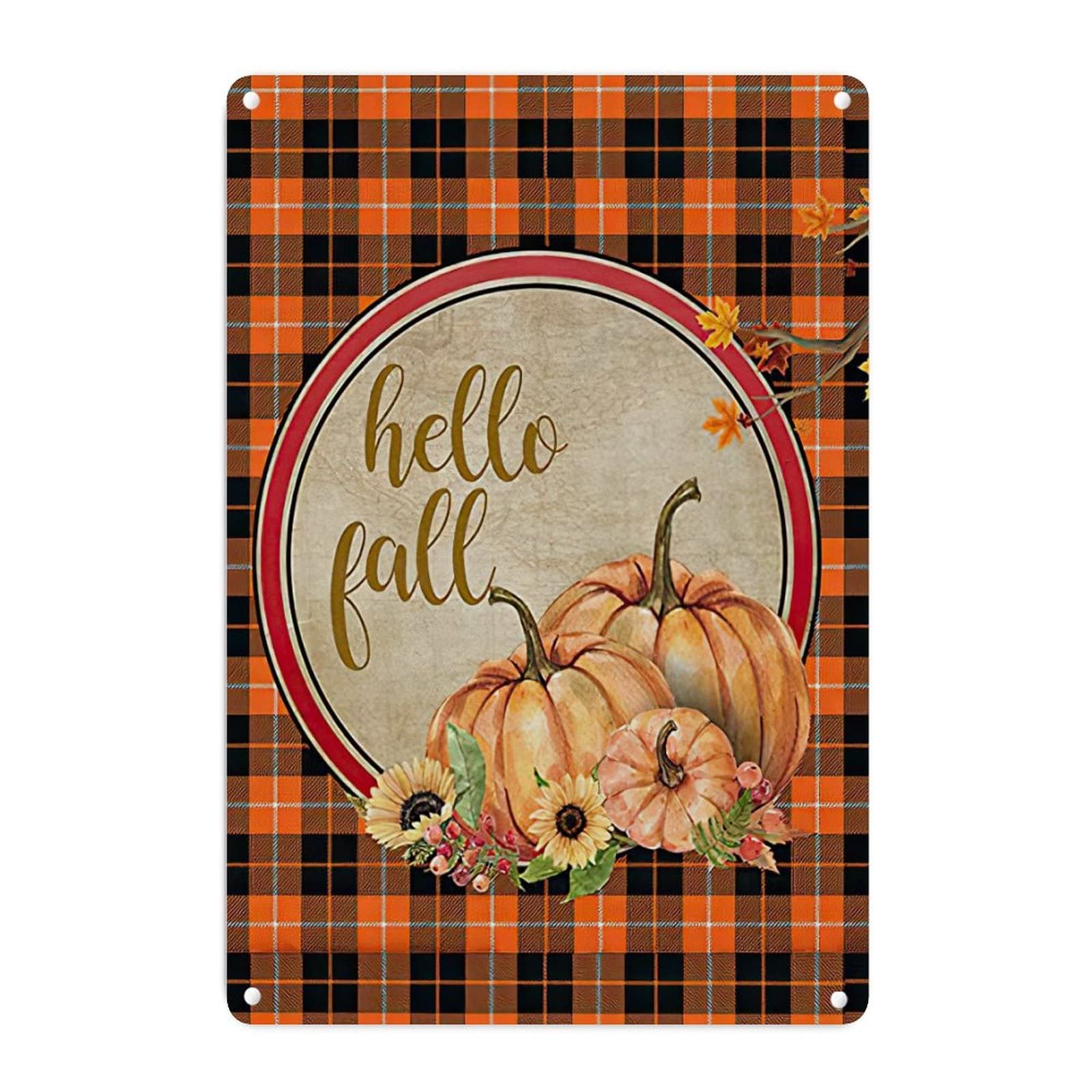Panneau mural en métal doré Hello Fall en aluminium 45x30 cm pour décoration d'automne