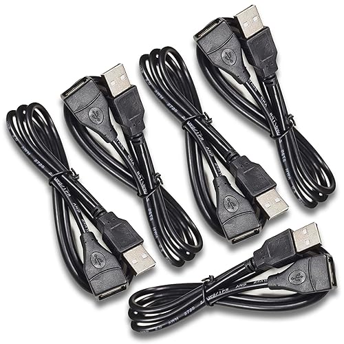 Miniatura 6 de Paquete de 5 cables de extensión USB A 2.0 macho a hembra para impresora, mouse, teclado, velocidad de transferencia de 480 Mbps, color negro Negro