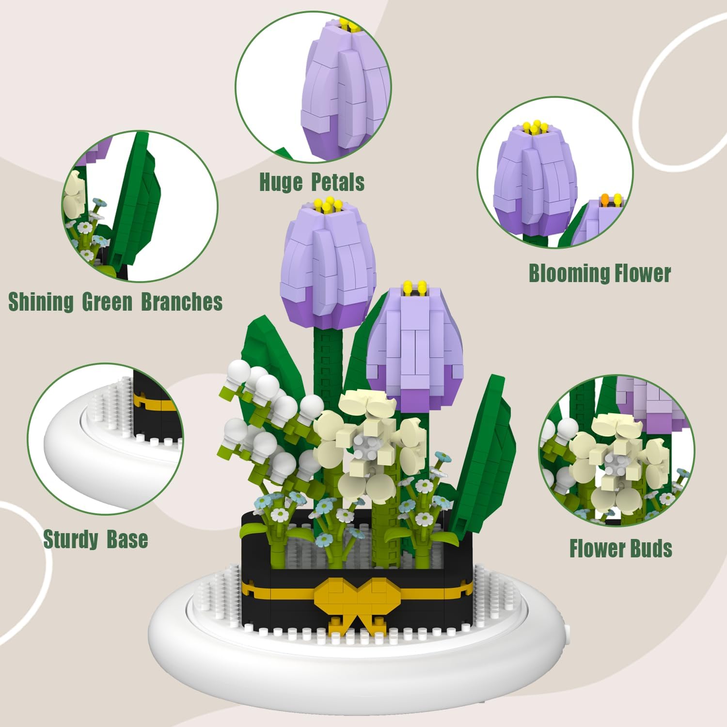 Close-up of assembled flower building blocks showing petals, leaves, and base