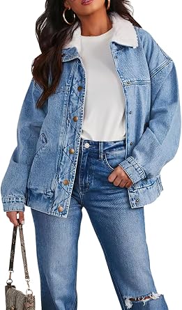 chouyatou Womens Warm Sherpa Collar Denim Jacket Faux Fur Collar Denim Coat Trucker Jacket