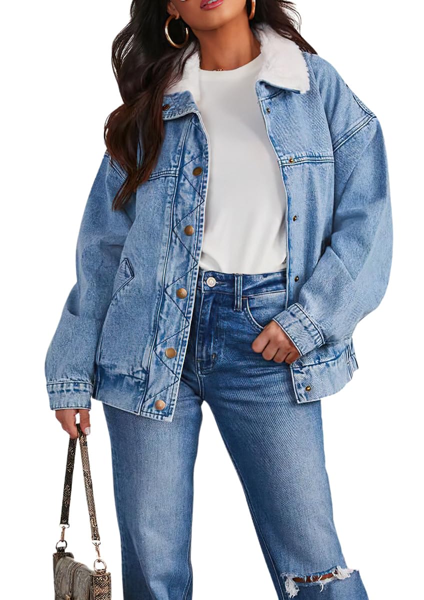 Women's Warm Sherpa Collar Denim Jacket Faux Fur Collar Denim Coat Trucker Jacket