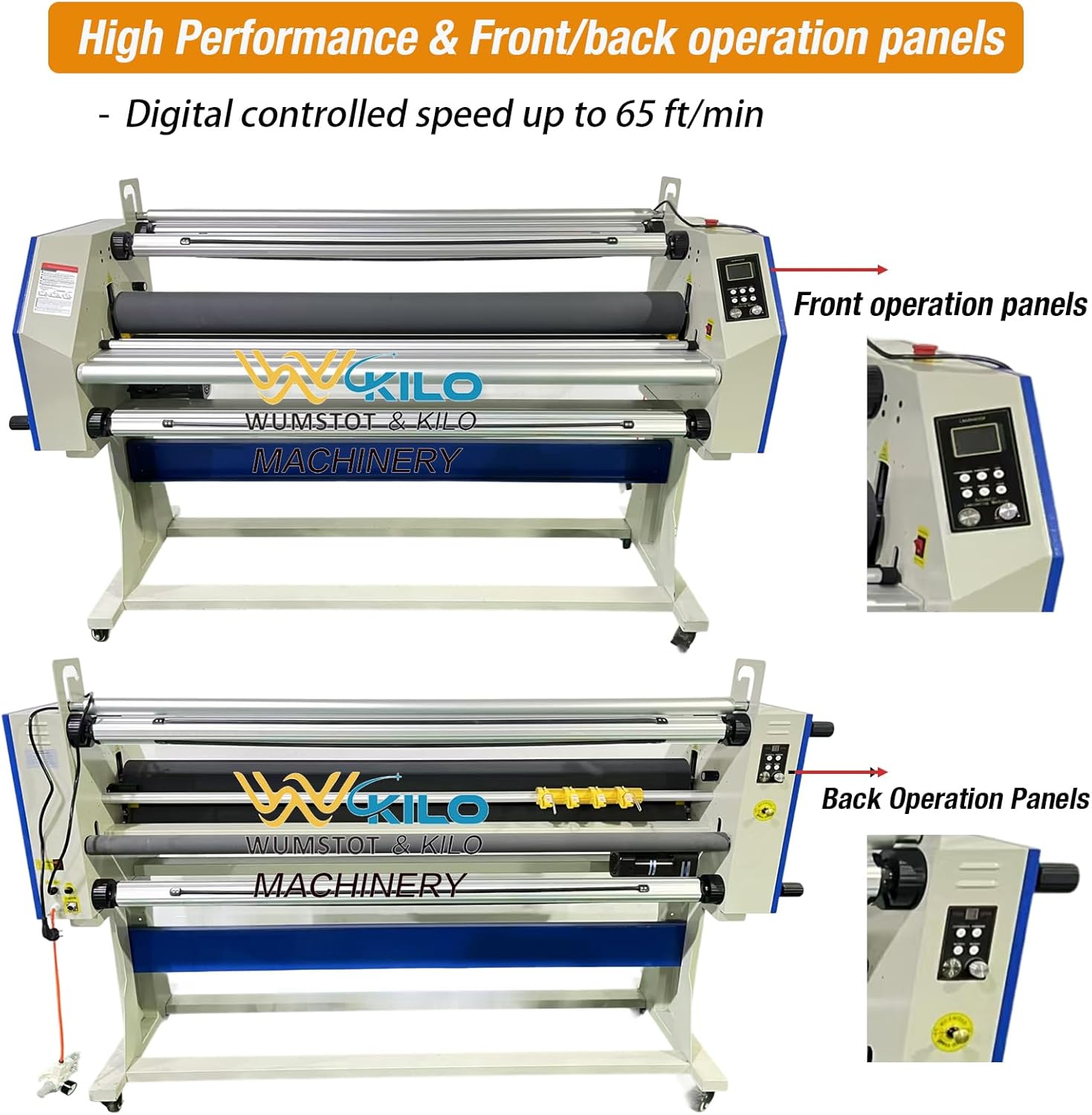67 Inch Large Format Laminator: Wide Format Cold Laminating Machine with Heat Assist - Auto Commercial Laminator, Roll Laminating Equipment with 4 Trimmers (65 ft/min White+Blue)