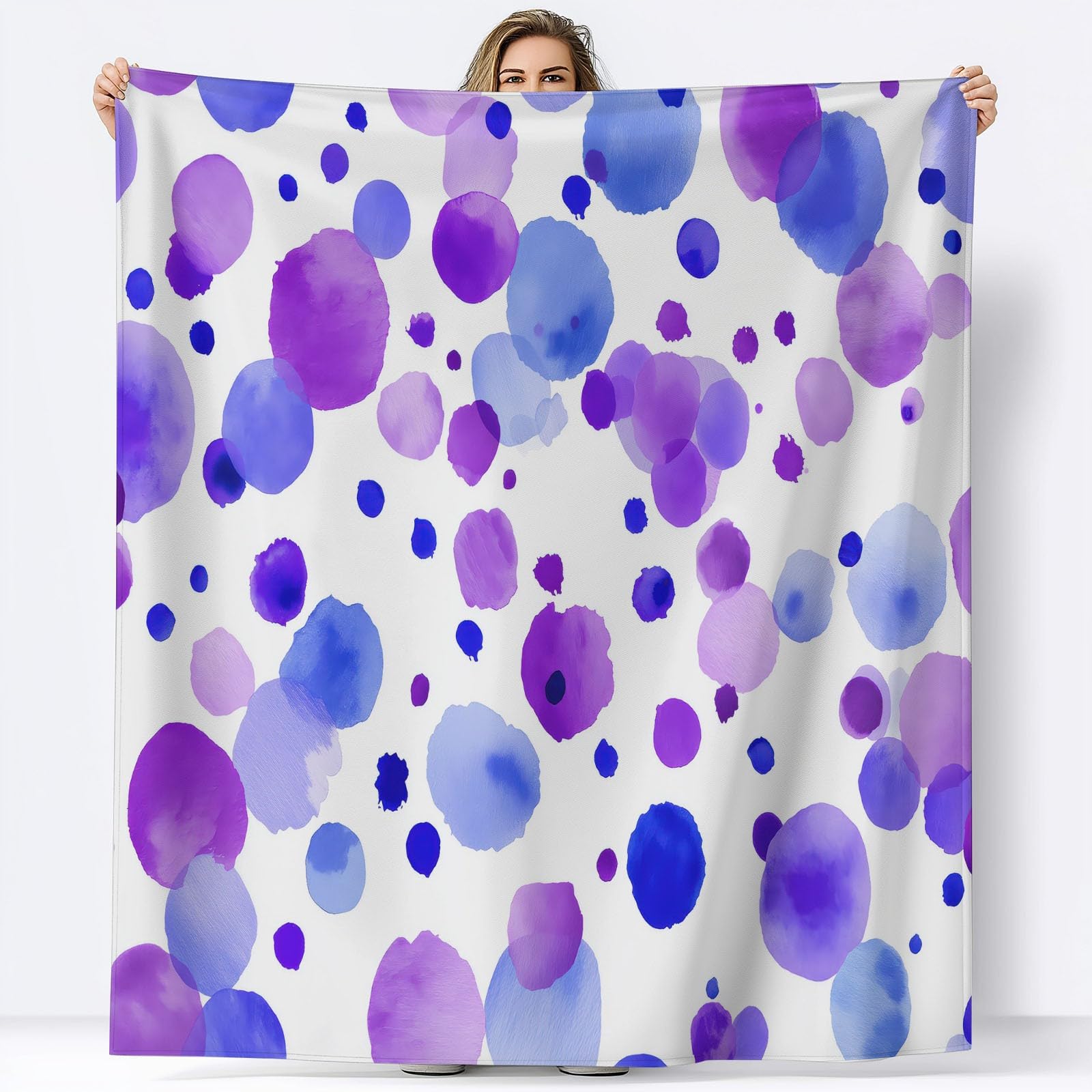 Koc flanelowy na łóżko 220 x 240 cm, miękki ciepły niebieski i fioletowy kropki koc zimowy ciepły oddychający lekki minimalistyczny dla dorosłych dzieci kobiety mężczyźni