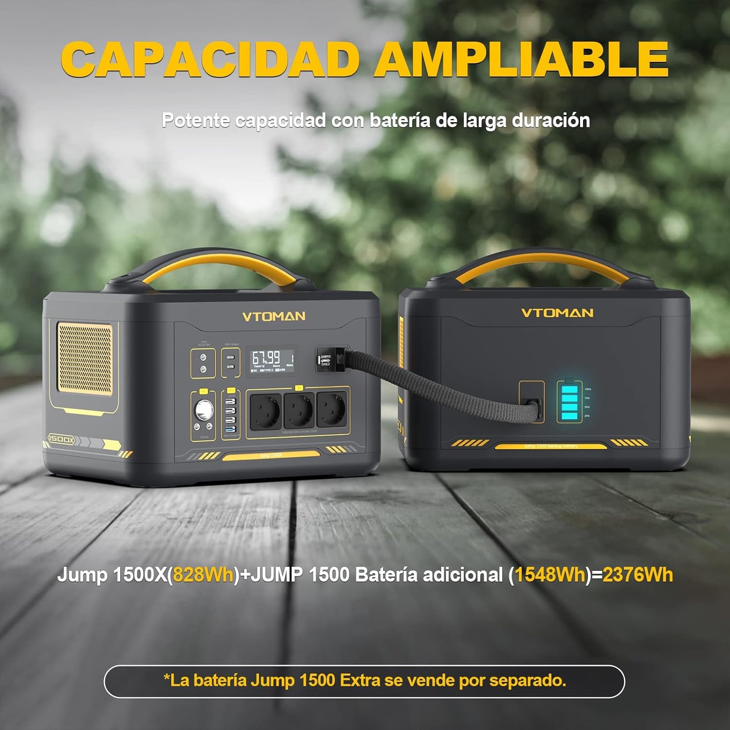 VTOMAN Jump 1500X Estación de Energía Portátil 1500W, 828Wh, USB QC 3.0 | Batería LiFePO4, Generador Solar, Salida dual PD 100W Typ-C, Capacidad Ampliable a 2376Wh para Viajes, Acampar