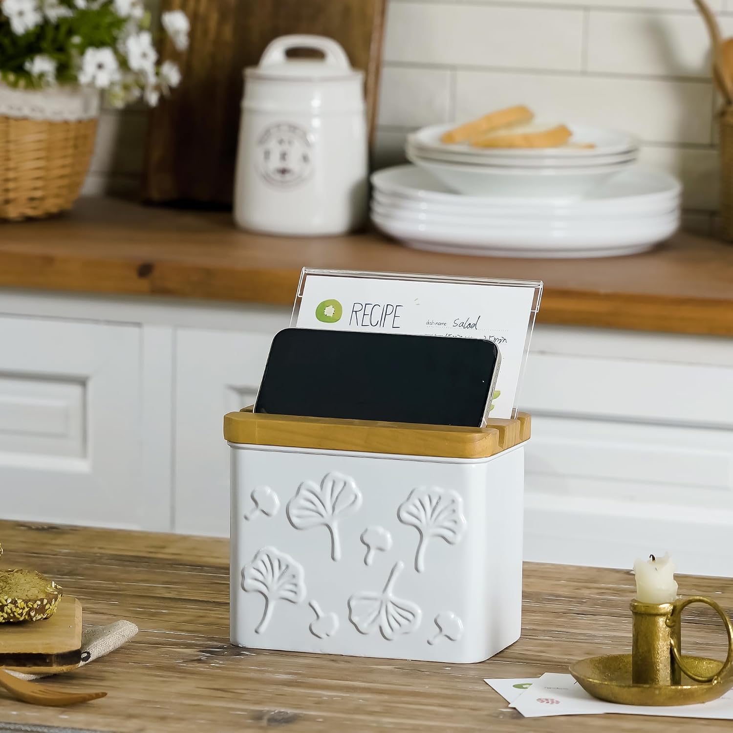 Recipe Box with Cards and Dividers Set 4x6 Recipe Holder for Kitchen Counter Metal White Ginkgo Leaf Pattern Embossed Recipe Card Box with Wooden Grooved Lid