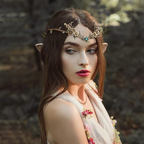 Miniatura 2 de MOSTORY Elf Ears with Wood Leaf Crown Headpiece for Cosplay Peach Flower Fairy Circlet Headband and 2 Pairs Soft Pointed Elf Ears Moon Crystal Tiara