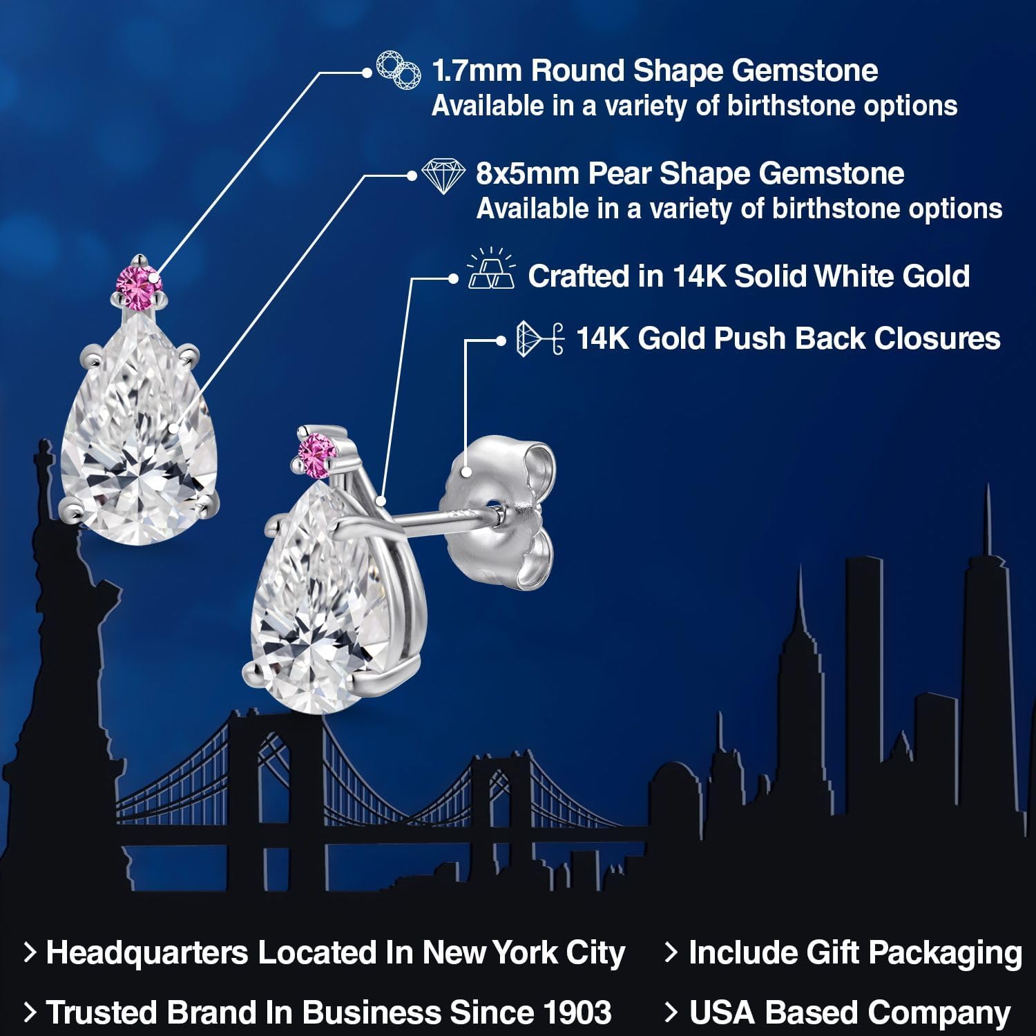 Gem Stone King 14K White Gold DEF Lab Grown Diamond and Pink Created Sapphire Stud Earrings for Women | 1.50 Cttw | Gemstone April Birthstone | Pear Shape 8X5MM - Image 2