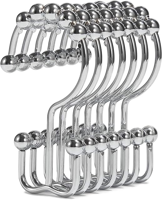 Shower Curtain Hooks, Goowin Shower Curtain Rings, Stainless Steel Shower Curtain Hooks Rust Proof Free Sliding Double Shower Hooks for Curtain, Shower Curtains & Liners (Chrome)
