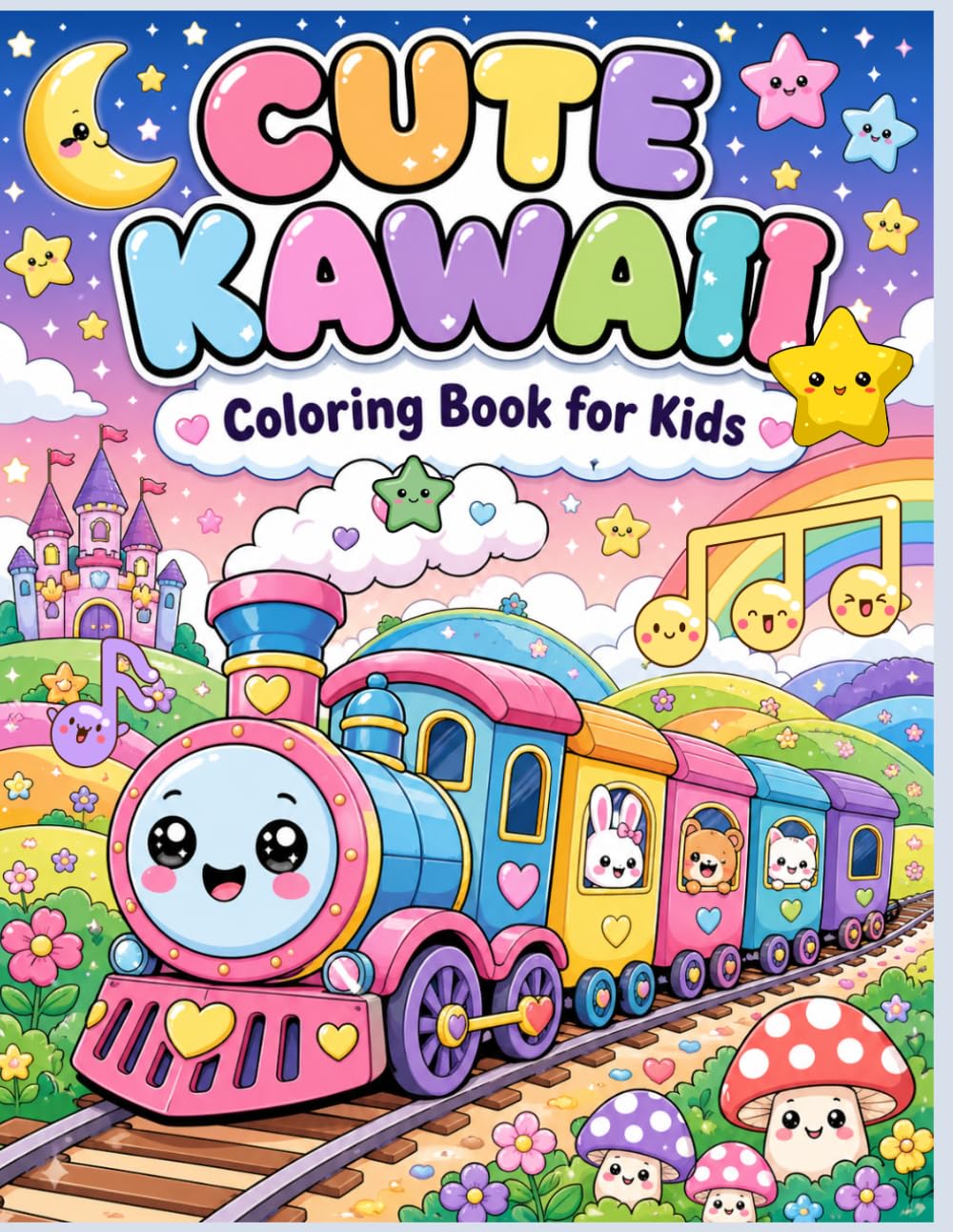 Cute Kawaii Coloring Book for Kids: 50 Fun and Easy Coloring Pages with Cute Animals, Trains, Rainbows, and Adorable Kawaii Designs