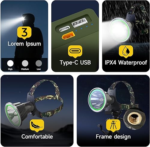 Miniatura 4 de Coon - Luces de caza de alta potencia LED faro súper brillante de alto lúmenes 11000 mAh recargable faro impermeable foco de cabeza antorcha para