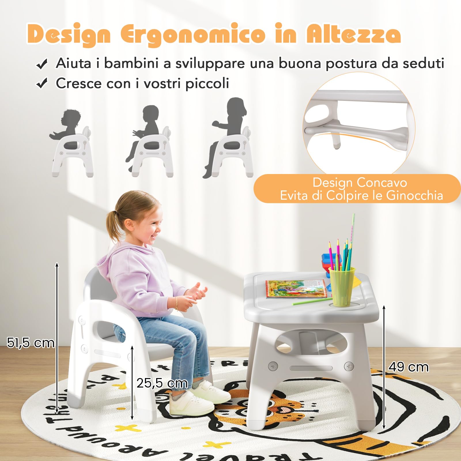 COSTWAY Tavolo e Sedia per Bambini Dinosauro Set Scrivania Attività Artistiche Studio 1-5 Anni Grigio