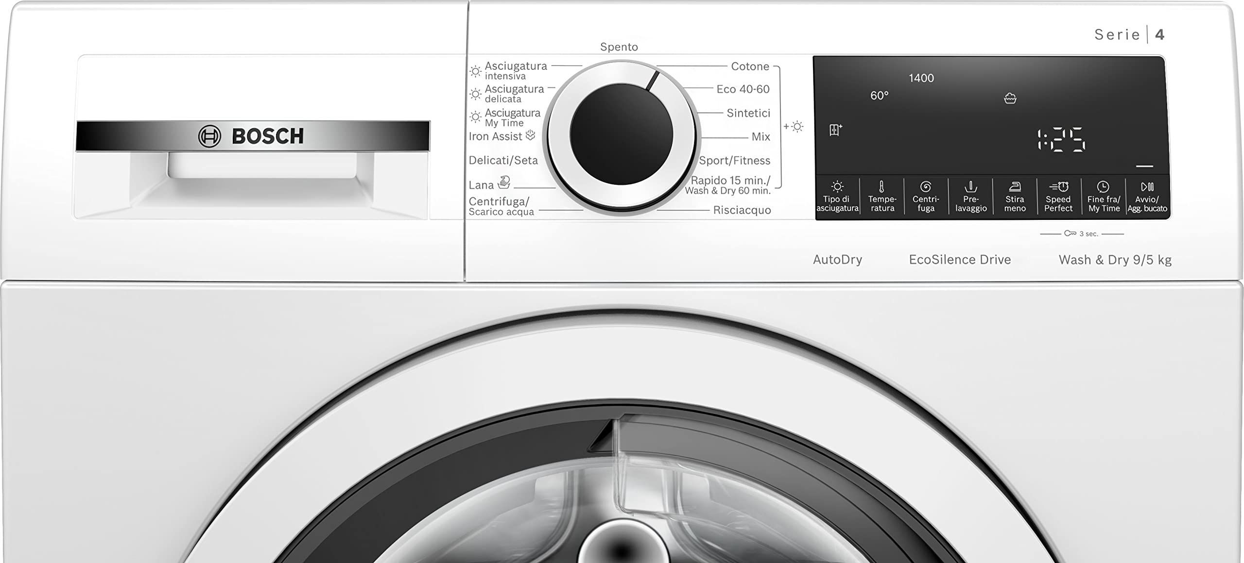 Bosch WNA144V0IT Serie 4, Lavasciuga, capacità 9/5 kg, 1400 rpm, Iron Assist, Condensatore autopulente, Speed Perfect, AutoDry