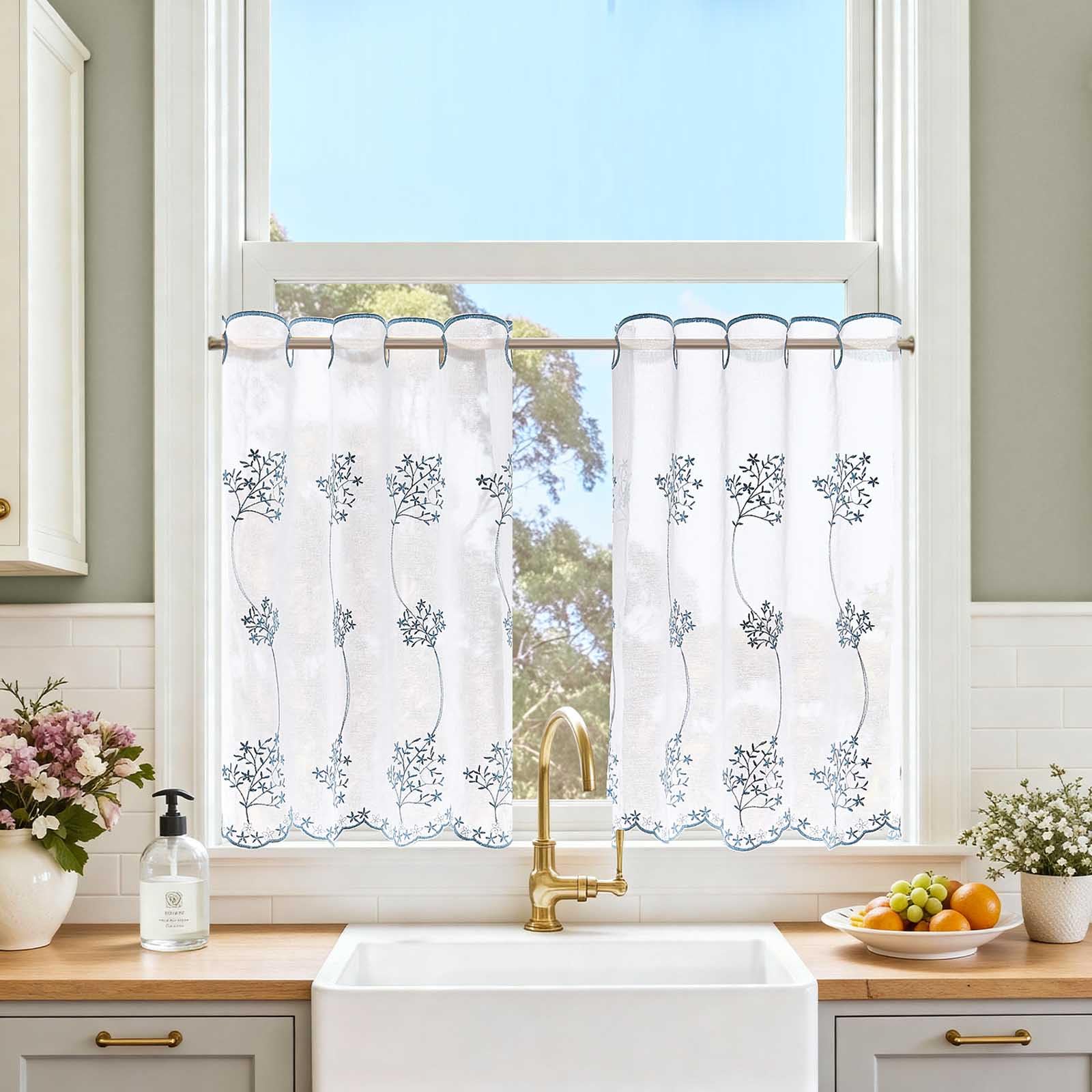 TOPICK Scheibengardine Küche lichtdurchlässig Bistrogardine Wohnzimmer modern Küchengardinen Gardine Schals Fensterschal Kurzgardine für Küche Küchenfenster Landhausstil