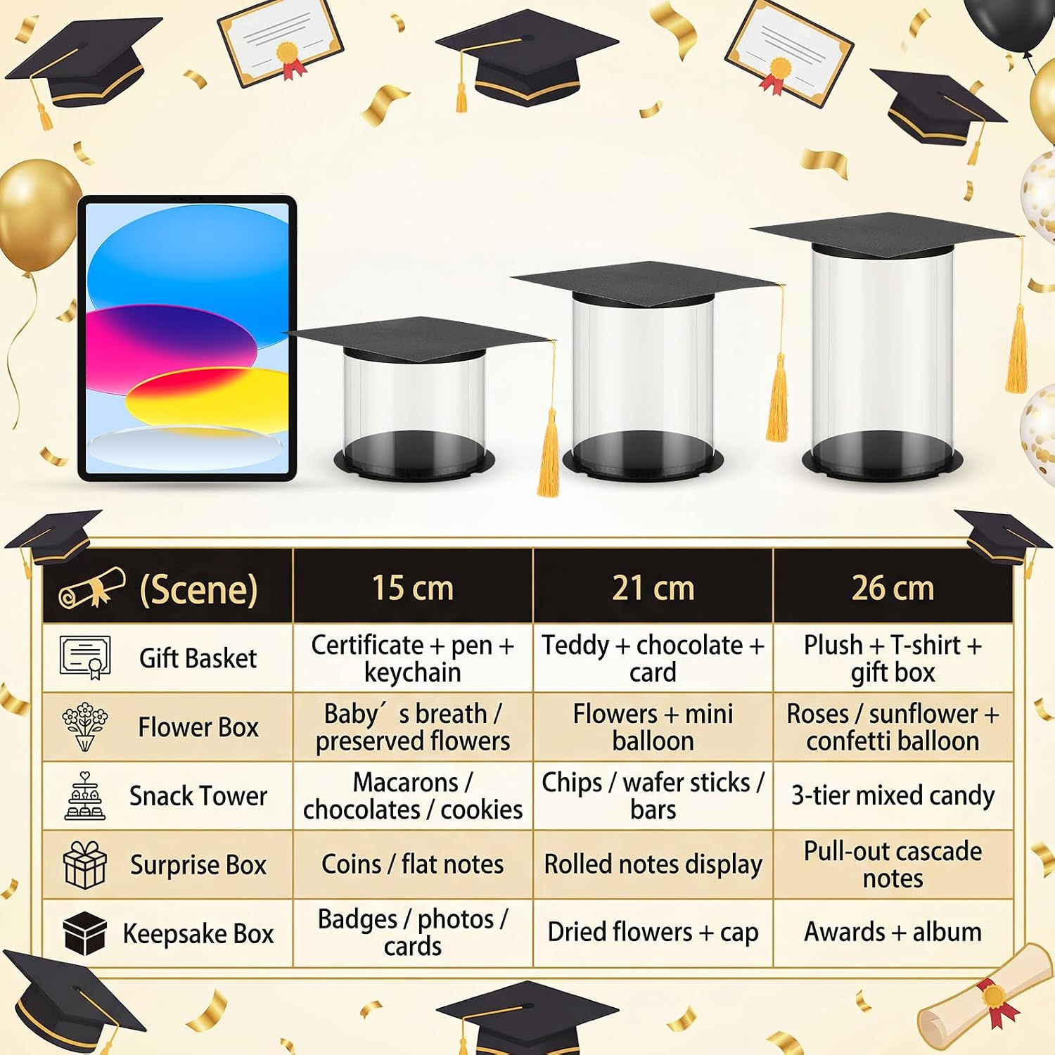 Dunzoom 10 Sets 7 x 10 Inch Graduation Gift Candy Boxes 2026 Grad Cap Flower Boxes with Tassel Clear Empty Cupcake Holder Container for DIY College Ceremony Party Supplies