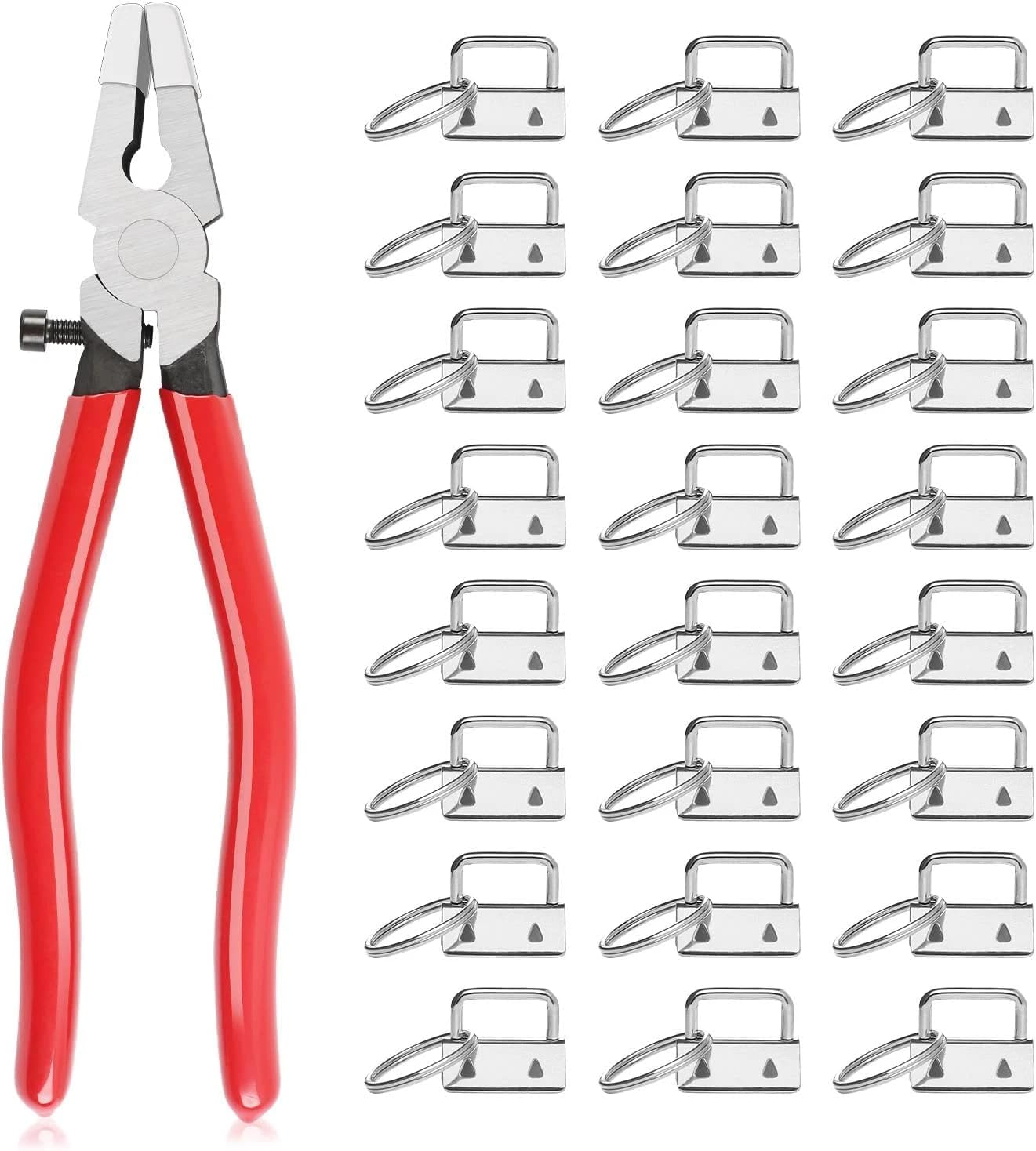 Crozgan 50Pcs Key Fob Hardware Set,1inch Silver Key Fob Hardware with 1pc Key Fob Pliers Flat Jaws for Keychain and Wristlet Clamp,Making Hardware Supplies