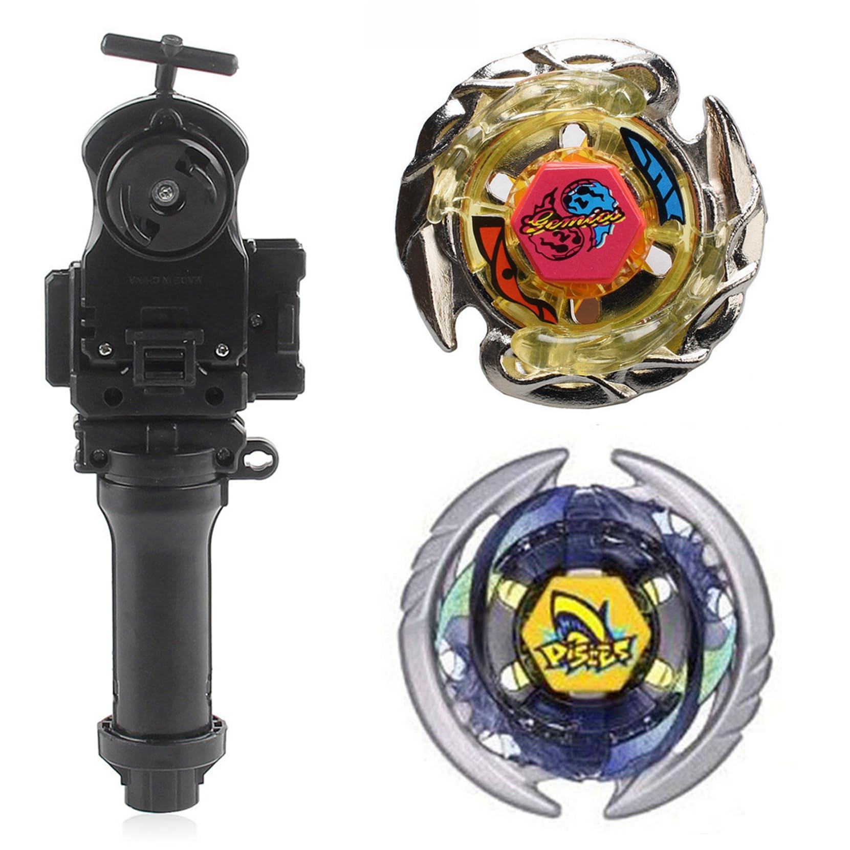 Bay Battling Toys - Bays Battle Game Top Blade High Performance Fight Fusion Gyro Toy BB56 Evil Gemios DF145FS BB57 Super T Pisces T125ES with Power Launcher & Grip (BB-56+BB-57)