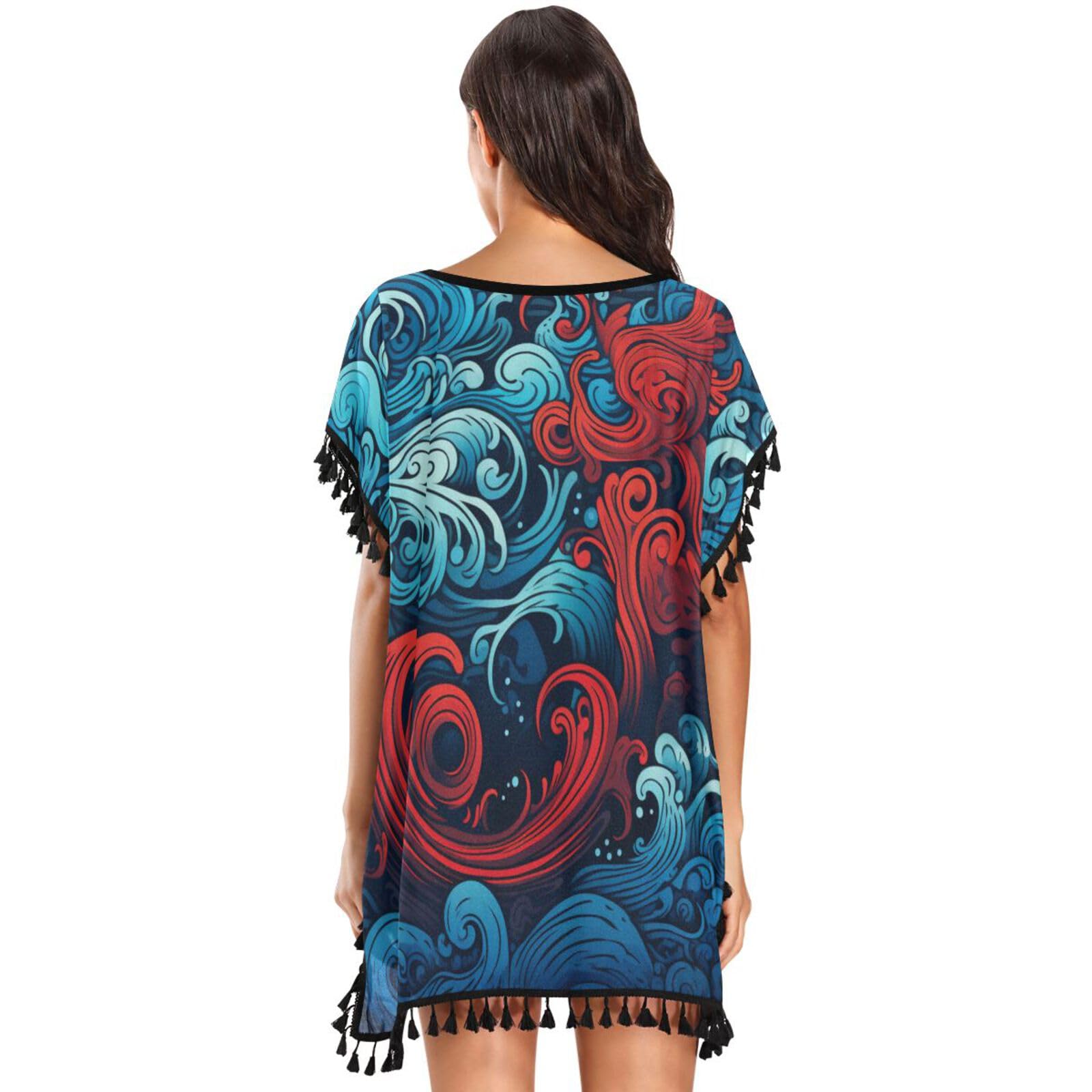 Octopus Abstract Red Blue Wave Women's Beach Cover Up Chiffon Tassel Swimwear Swimsuit Coverups for Girl