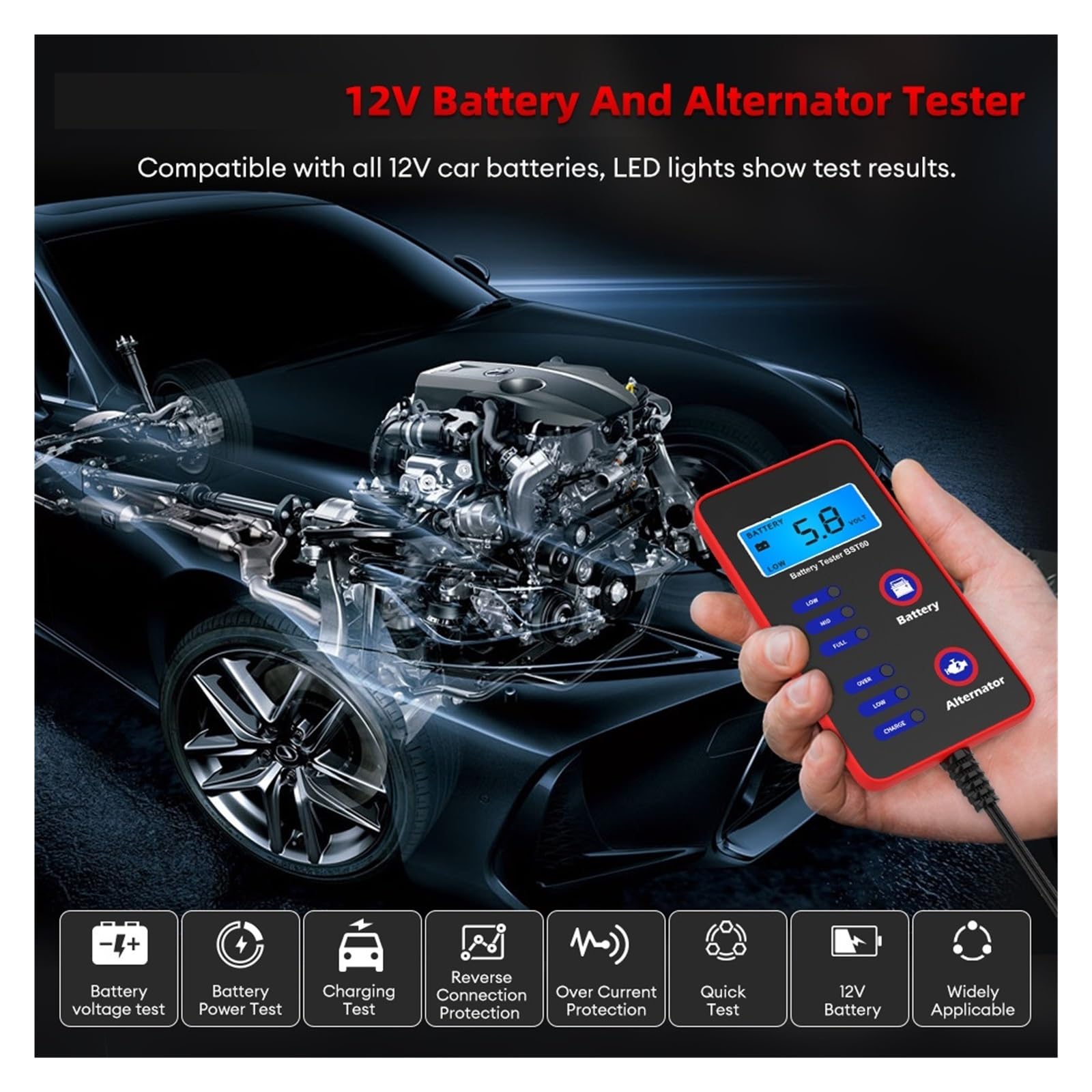 Probador De Batería Coche, Sistema 12V, Herramienta Detección, Analizador Detección Rápida Precisa