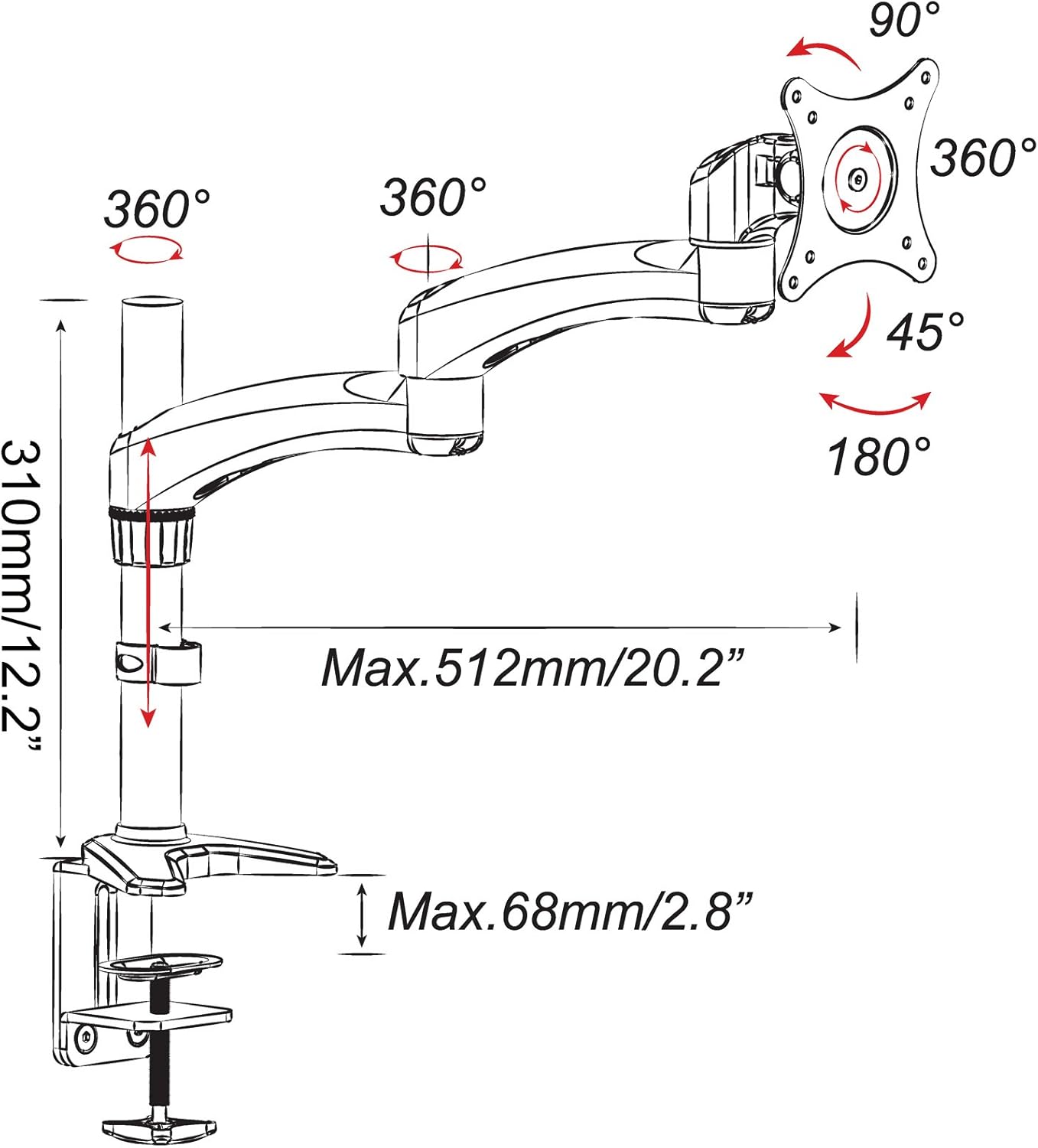 2xhome -New Ergonomic Fully Height Adjustable Easy Articulating Tilting Black Desk Pole Mount Bracket Desktop Flat Panel Clamp Stand with Extension Arm for Single LCD LED