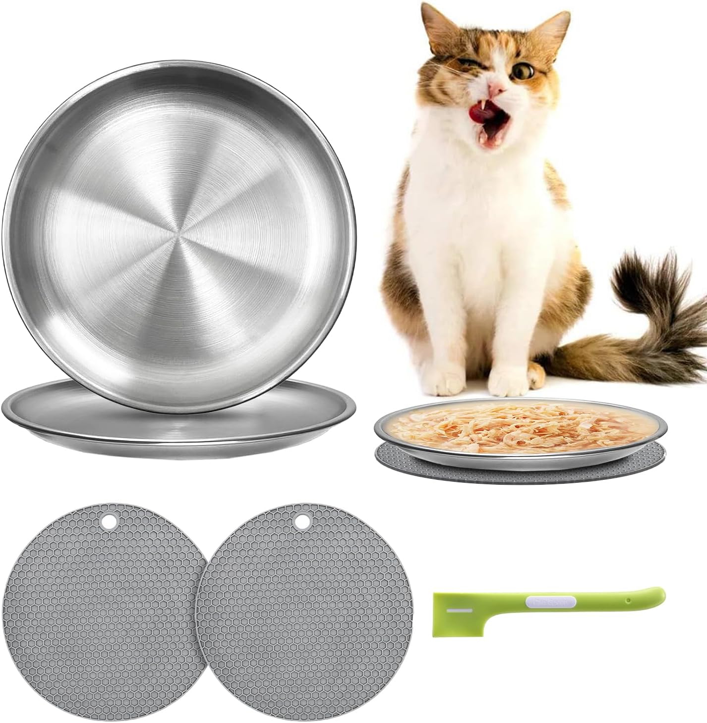 2 Pcs Wide Whisker Friendly Cat Dishes Set 6.7", Stainless Steel Cats Bowls, Shallow Food Bowl, Indoor Kitten Feeding Wet & Dry Food Dish to Prevent Whisker Fatigue (2pcs-17cm)