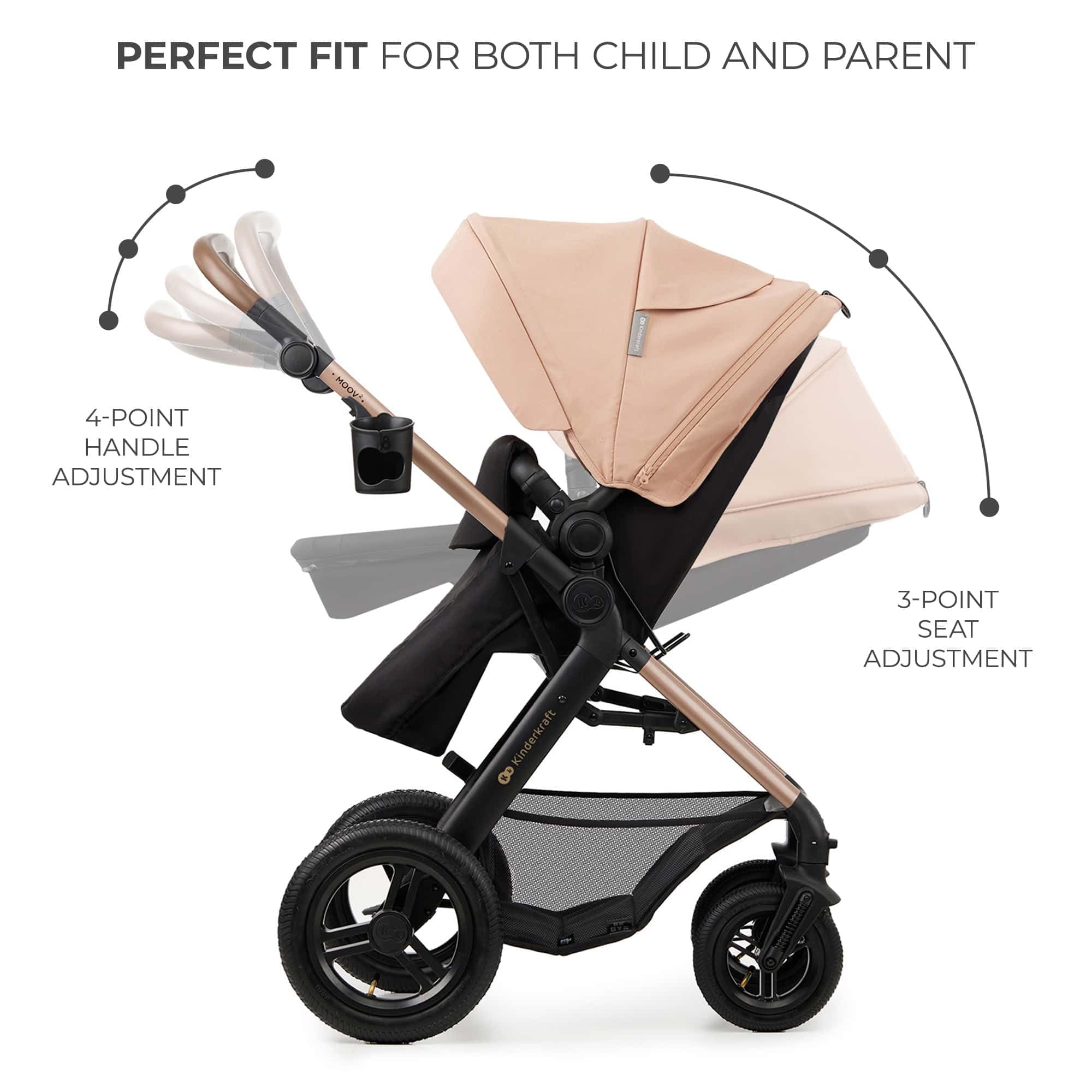 Kinderkraft MOOV 2 AIR, carrito 4 en 1 con capazo y silla de paseo 2 en 1, ruedas hinchables todoterreno, Travel System con MINK PRO i-Size, hasta 22 kg, Beige