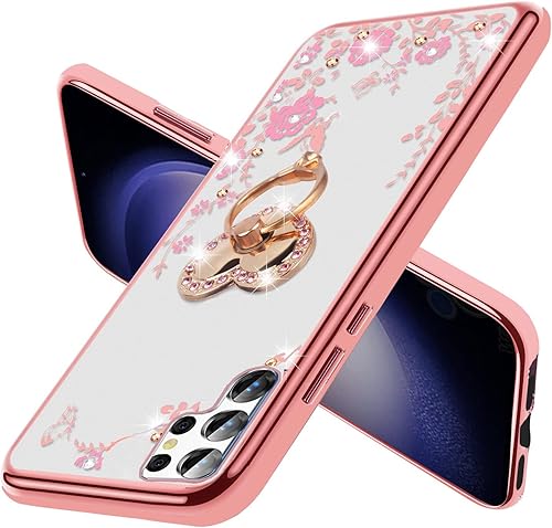 Miniatura 2 de B-Wishy Galaxy S23 Ultra Glitter Caso, Slim TPU Crystal Butterfly Design, Kickstand+Strap - Oro Rosa