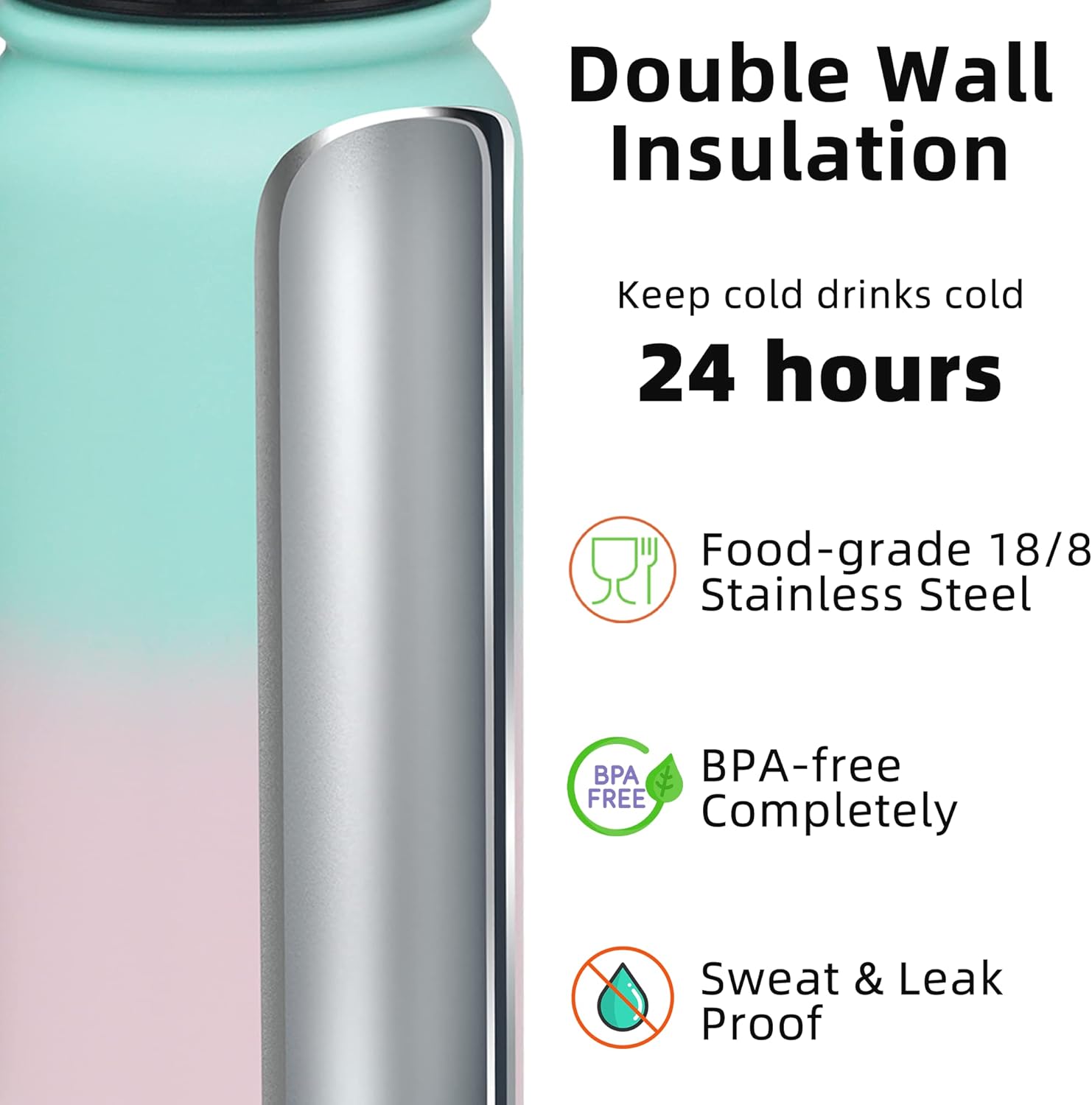 Fanhaw 20 oz Insulated Stainless Steel Water Bottle with Anti-Dust Chug Lid, Leakproof Vacuum Metal Bottle for Kids, Women & Men (Green Pink) - Image 3
